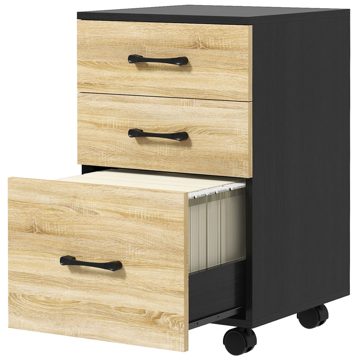 Bloco de Gavetas de Escritório Móvel de Arquivos com 4 Rodas 3 Gavetas para Tamanho A4 Carta para Secretária 40x42x65 cm Carvalho e Preto — foto 1