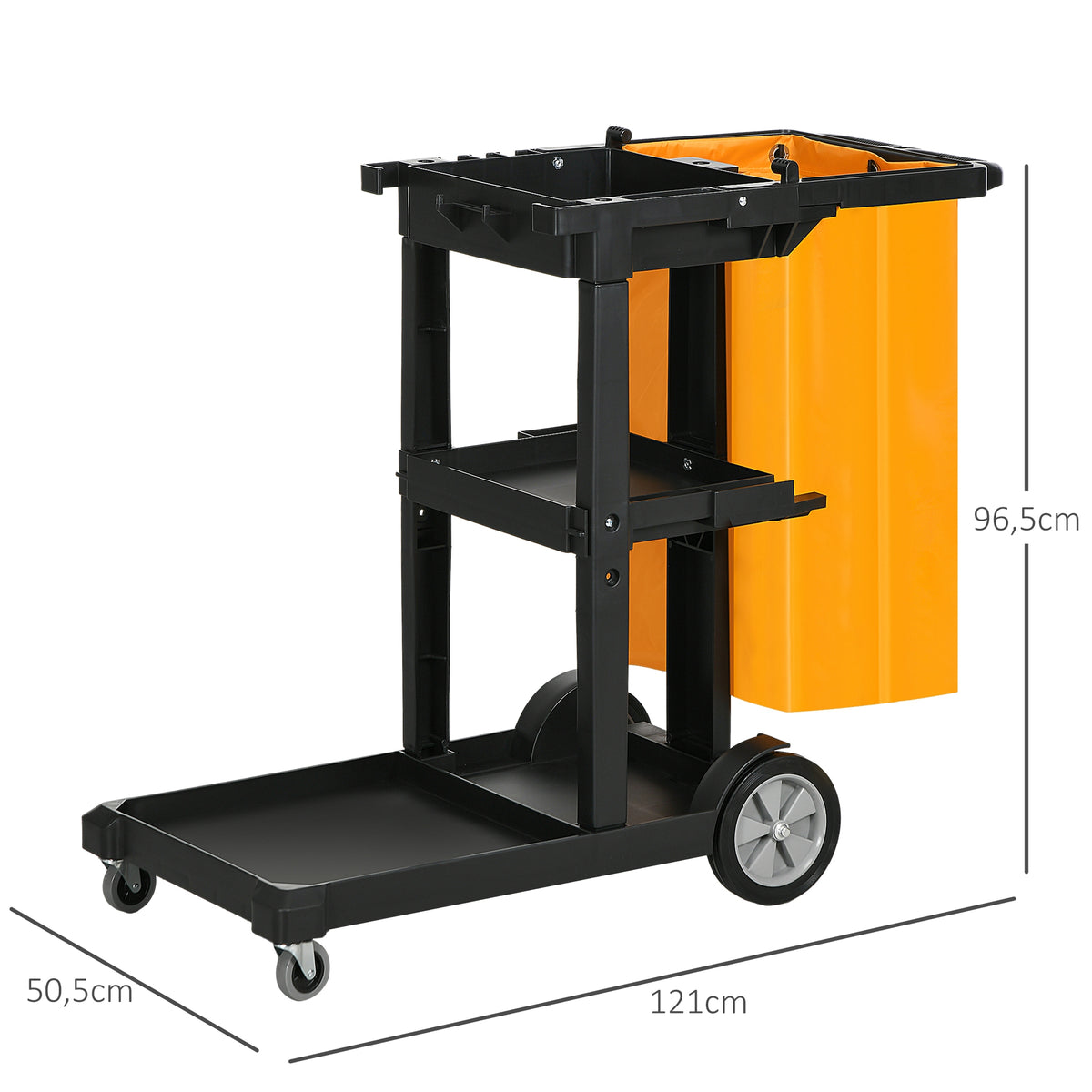 Carro de Limpeza com Bolsa Carrinho de Limpeza com Rodas e 3 Prateleiras Carro para Limpeza de Hotel 121x50,5x96,5 cm Preto e Amarelo — foto 3