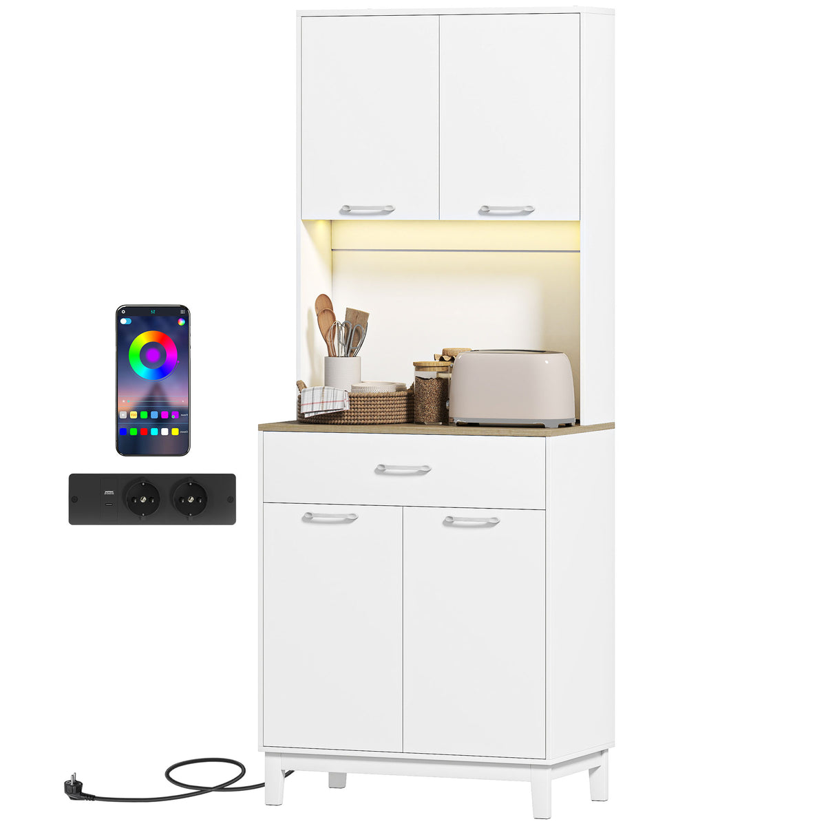 Armário de Cozinha com Luzes LED e Estação de Carregamento Móvel Auxiliar de Cozinha com 4 Portas Gaveta Bancada para Micro-Ondas e Prateleiras Ajustáveis 71x40x180 cm Branco — foto 1