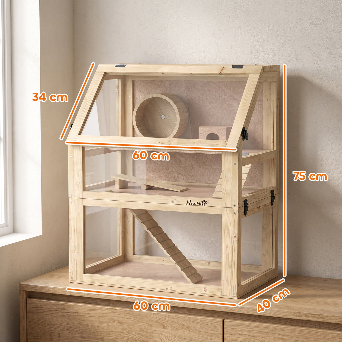 Gaiola para Hamster Roedor de 3 Níveis Fundo Removível Casinha Balanço 60x40x75 cm Acabamento Madeira Natural — foto 2