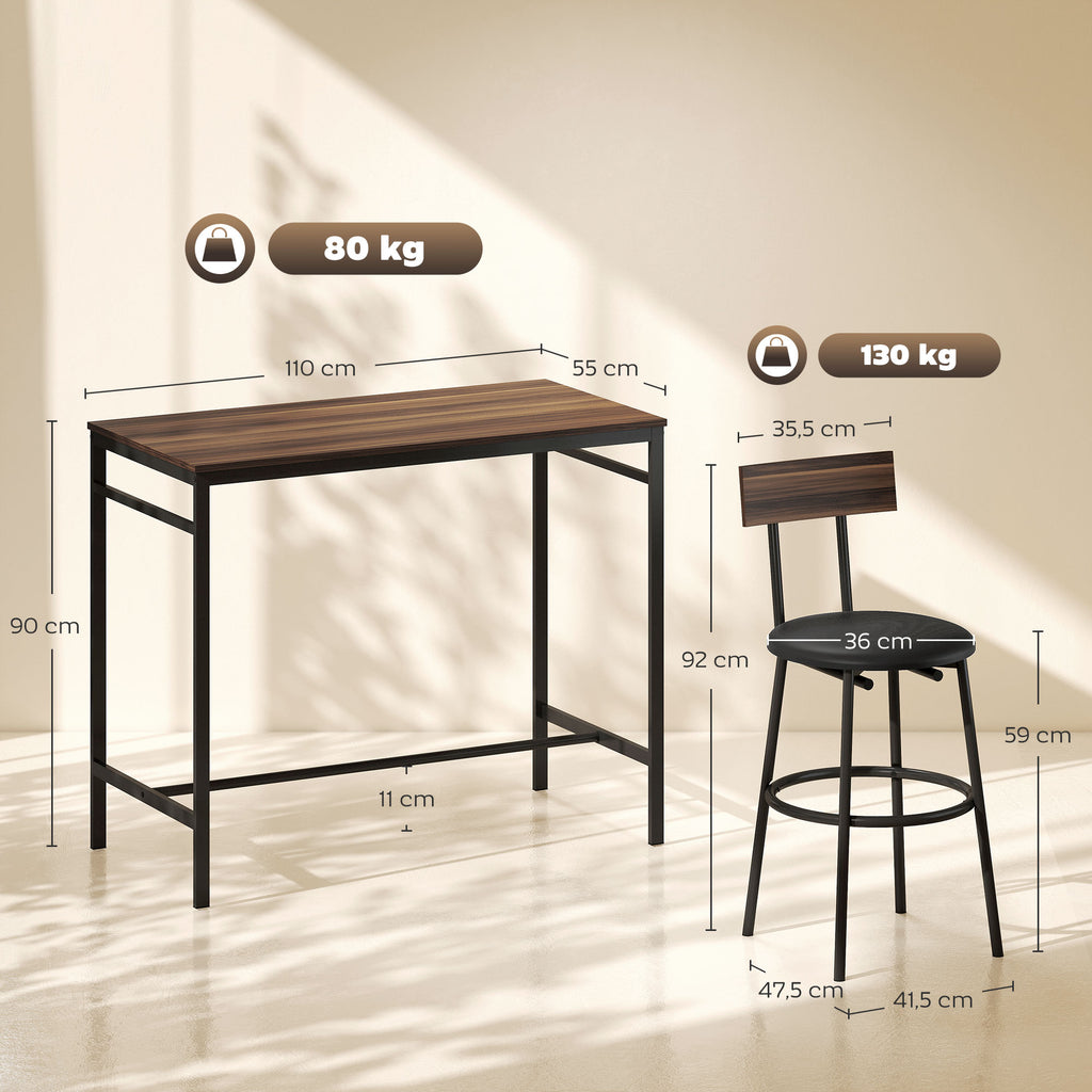 Conjunto de Mesa Alta de Bar com 4 Bancos, Assentos em PU com Encosto e Apoio para os Pés, Castanho — foto 2