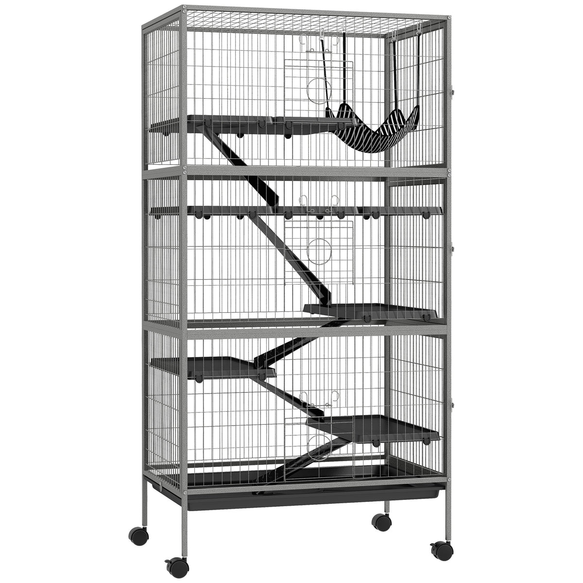 Gaiola para Roedores Multifuncional 4 Plataformas 3 Rampas 4 Portas 80x52x159 cm Aço Cinza Prateado Preto — foto 1