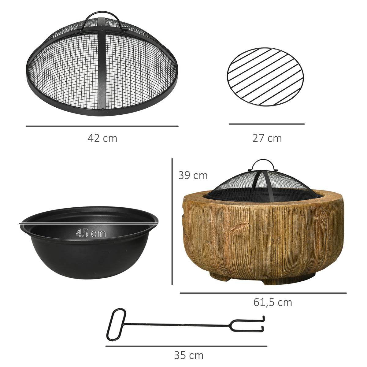 Bacia de Fogo com Design de Toco, Grade Contra Fagulhas, Grelha para Carvão, Gancho, Ø61,5 x 39 cm — foto 2