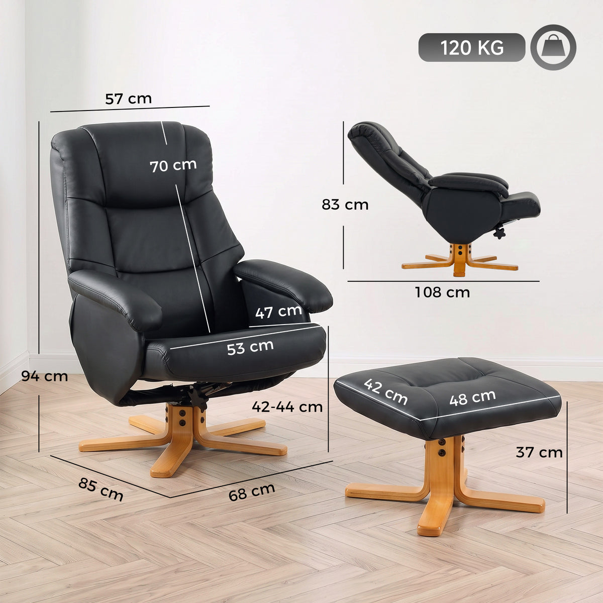 Poltrona Relax com Apoio para os Pés, Poltrona de Relax Reclinável em PU, Giratória 360°, Função Balanço, Preto — foto 2