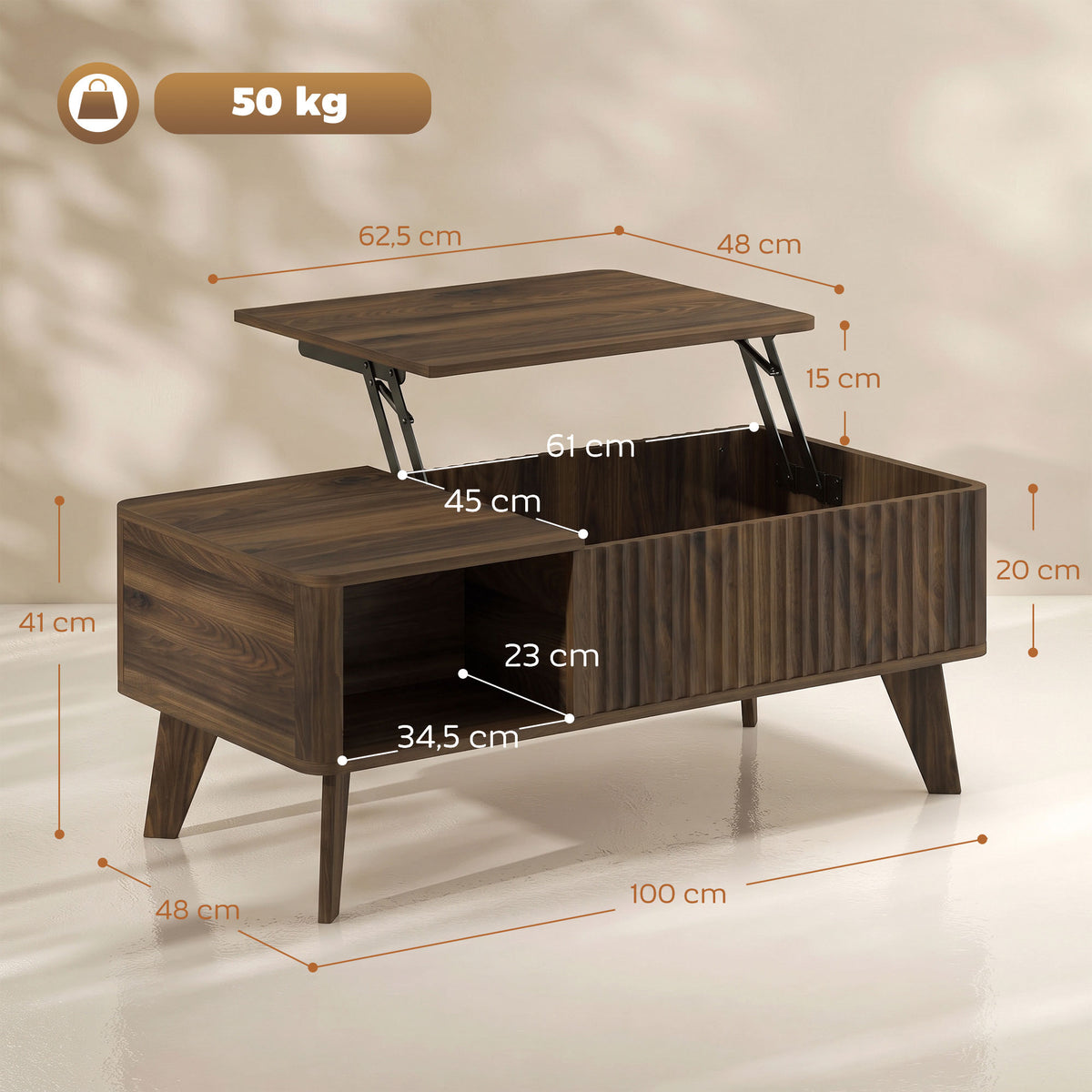 Mesa de Centro Elevatória com Compartimento Oculto e Prateleiras Abertas, 100x48x41-56 cm, Nogueira — foto 2