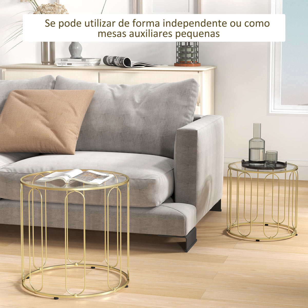 Mesas Auxiliares para Sala de Estar Redondas Conjunto de Mesas Laterais com Estrutura de Metal e Bancada de Vidro Mesas Auxiliares para Dormitórios Dourado — foto 5