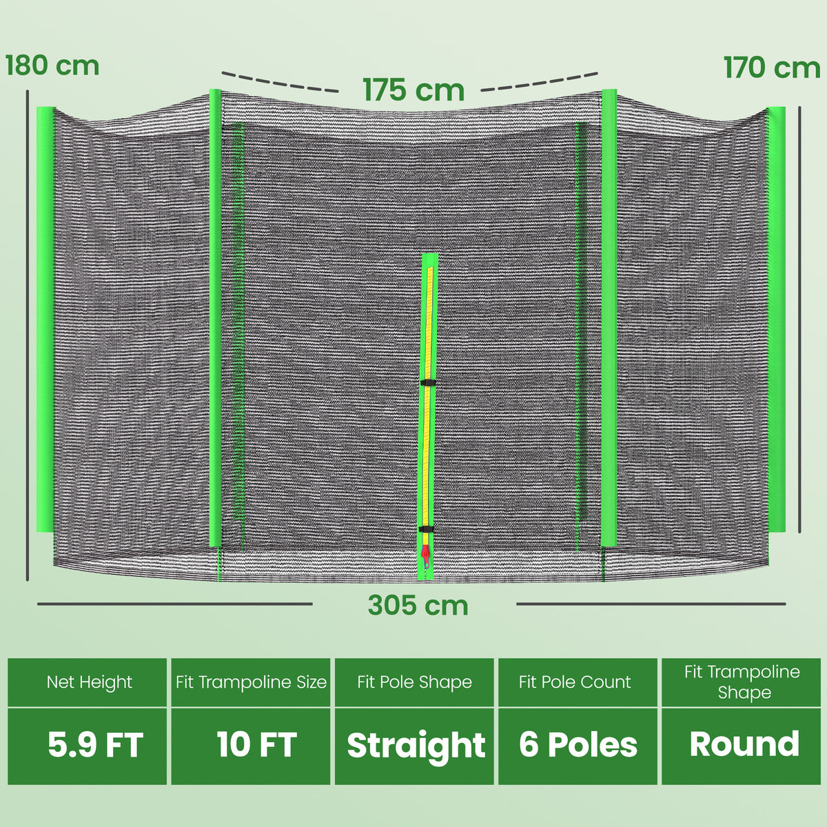 Rede de Segurança para Trampolim Ø305 cm Rede de Substituição de Trampolins para Exterior e Porta com Fecho de Correr para 6 Postes Verde — foto 3