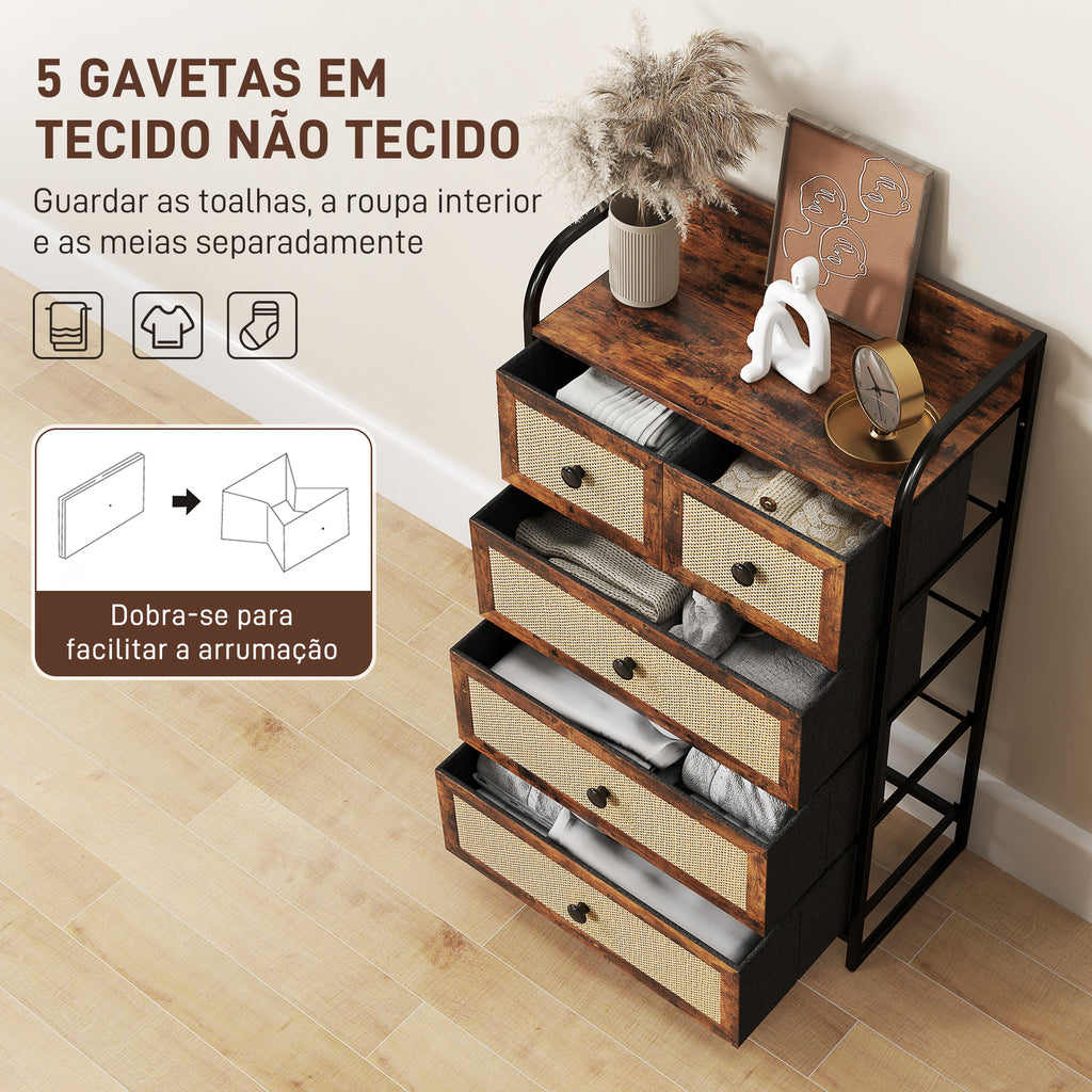 Cómoda de Tecido Cómoda para Dormitório com 5 Gavetas com Frente em Vime Prateleira e Estrutura em Aço para Sala de Estar 58x29x99 cm Marrom Rústico — foto 4