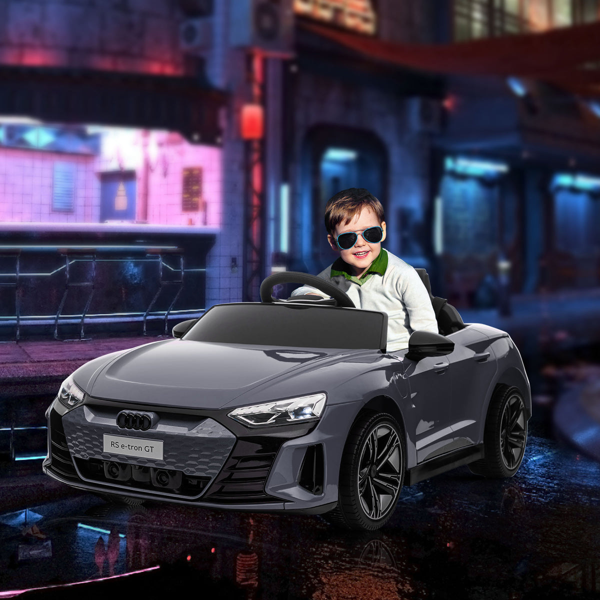 Carro Elétrico AUDI RS E-Tron GT para Crianças de 3-6 Anos Carro de Bateria 12V com 2 Motores Controlo Remoto Faróis LED Buzina Música USB e Abertura de Porta 3-5km/h 103x58x41 cm Cinzento — foto 2