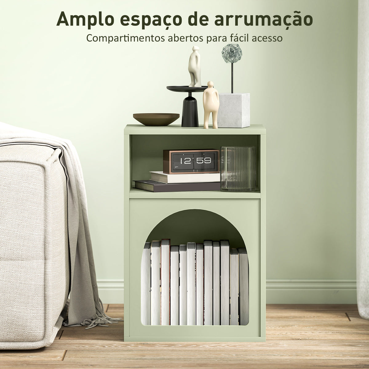 Mesa de Cabeceira Moderna Mesa de Cabeceira Estreita com 2 Compartimentos Abertos Desenho em Forma de Arco Mesa Auxiliar para Sala de Estar Quarto 40x30x60 cm Verde — foto 5