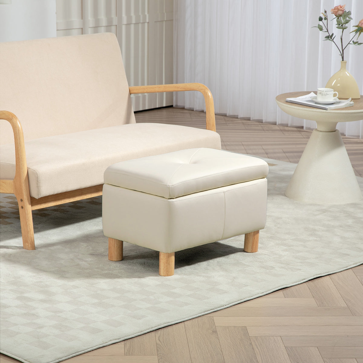 Baú de Armazenamento para Dormitório 33L Puff de Armazenamento Estofado em PU Banco de Arrumação com Pés de Madeira para Corredor Sala de Estar 60x38x40 cm Creme — foto 2