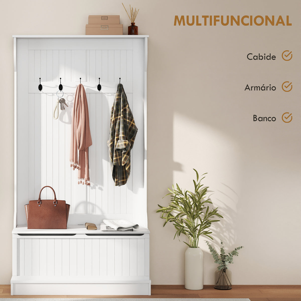 Móvel Cabide de Entrada com Banco Armário de Entrada com Cabide 5 Ganchos e Espaço de Armazenamento 96x34x179,7cm Marfim — foto 4