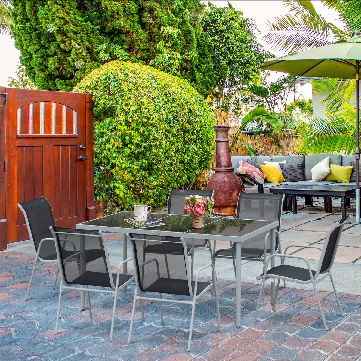 Conjunto de Refeição 7 Peças Conjunto de Refeição de Jardim com Mesa de Vidro Temperado e 6 Cadeiras Empilháveis com Apoio para os Braços 150x90x72 cm Preto e Cinza — foto 2