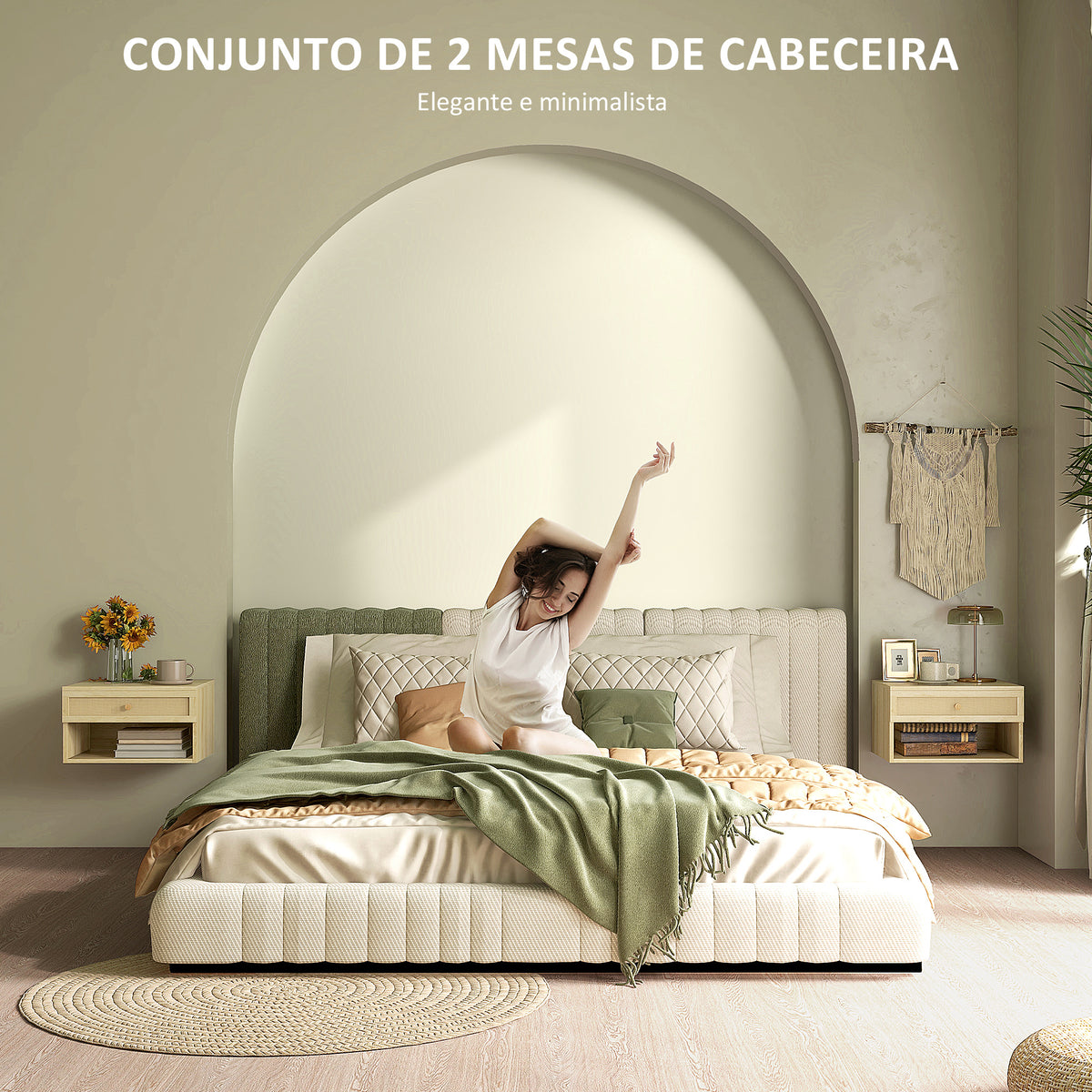 Conjunto de 2 Mesas de Cabeceiras Suspensas Mesas de Cabeceira com Compartimento Aberto e Gaveta com Frente em Vime Mesas de Cabeceira para Dormitório 40x34x23 cm Madeira — foto 4