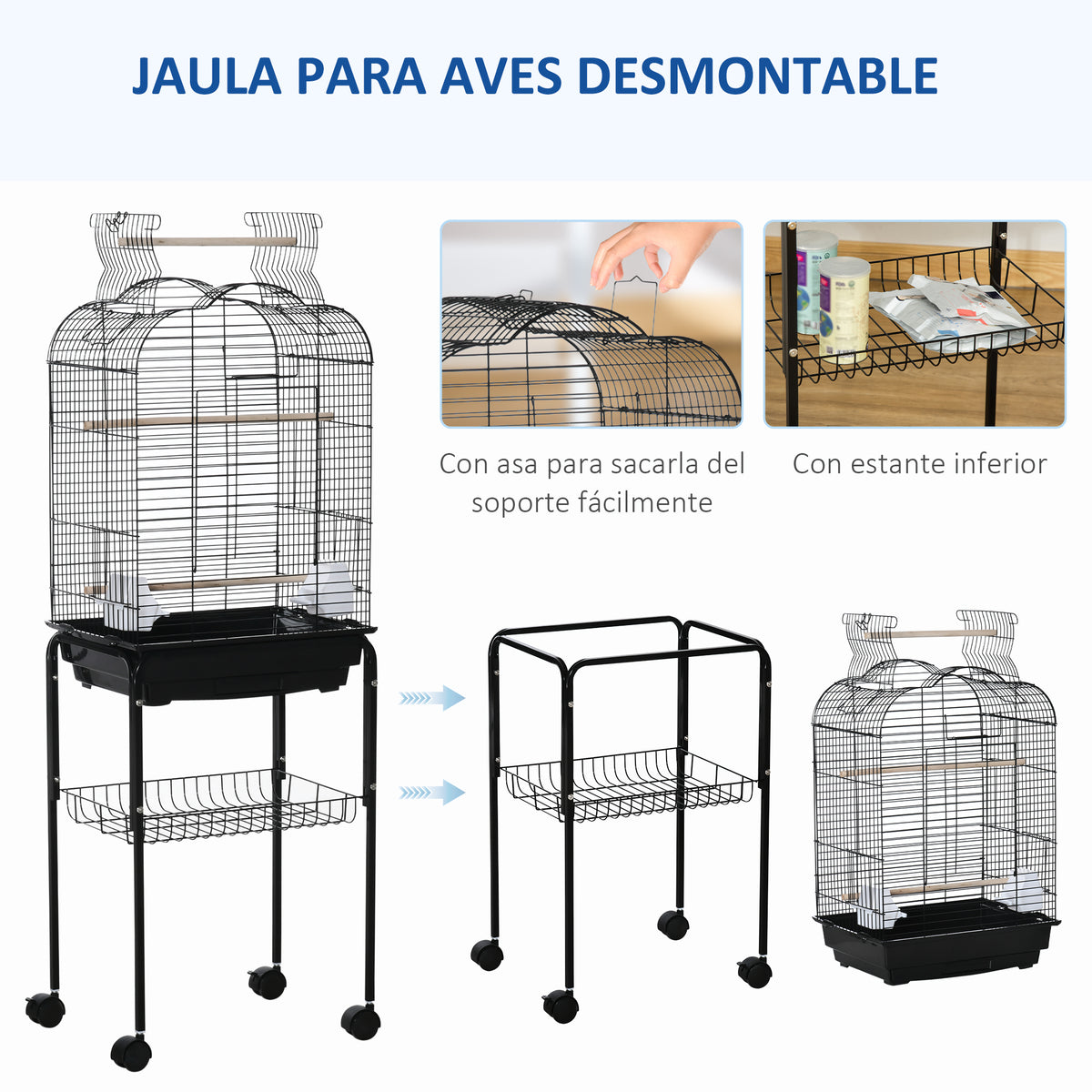 Gaiola para Passáros com Suporte Gaiola com 4 Rodas Teto com Abertura 2 Comedouros 3 Poleiros Bandeja Removível e Prateleira Inferior 46x36x130cm Preto — foto 5