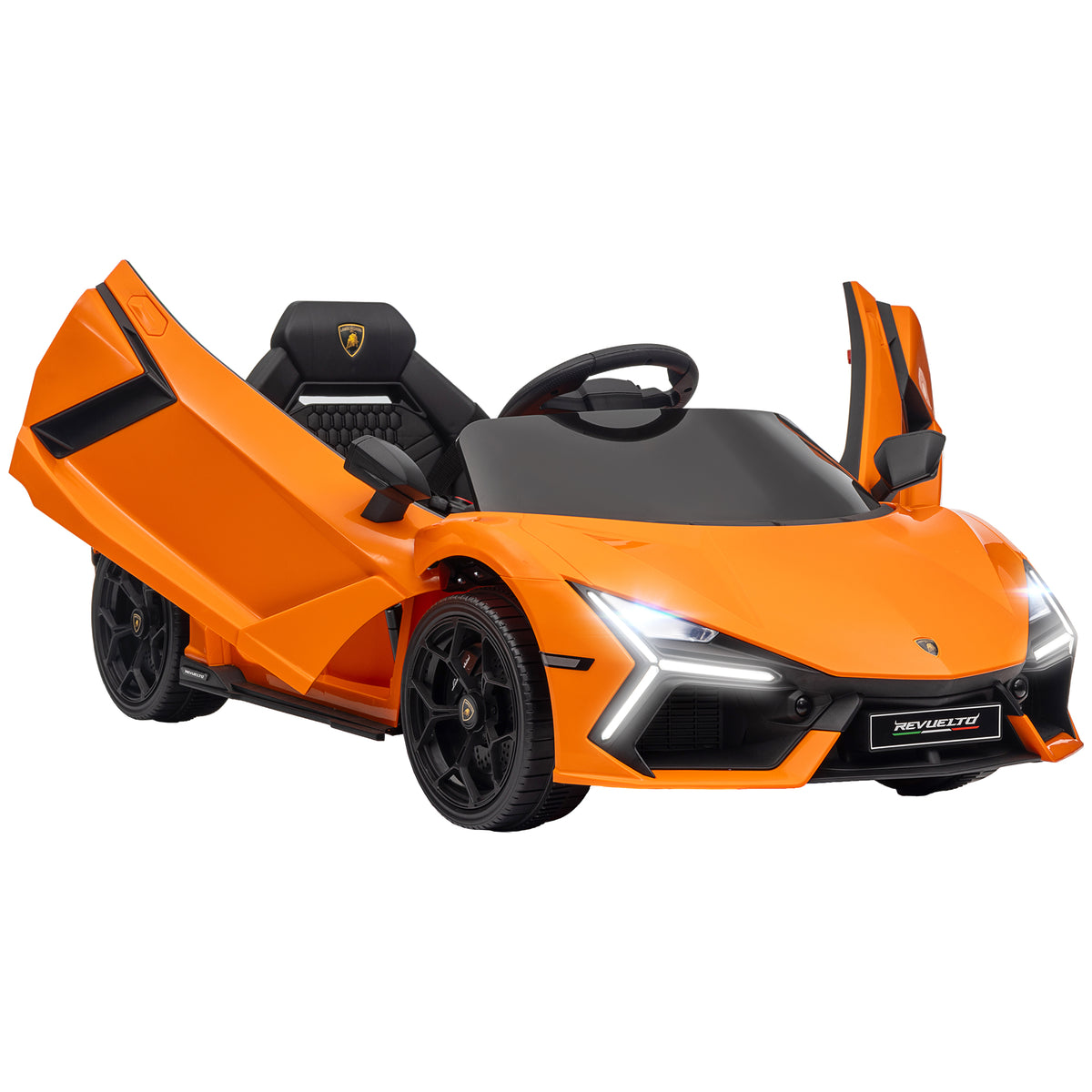 Carro Elétrico para Crianças acima de 3 Anos Carro Lamborghini Revuelto Carro Elétrico para Crianças com Bateria 12V Controlo Remoto Faróis LED Buzina Música e Rodas Auxiliares 105x60x40 cm Laranja — foto 1