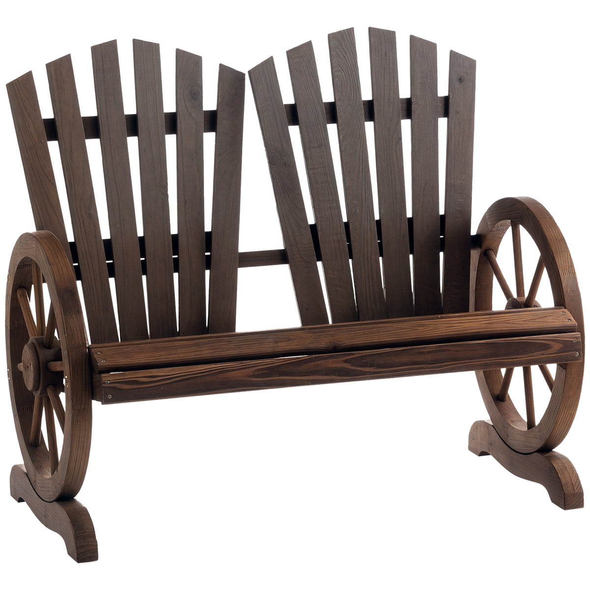 Banco de jardim de madeira de 2 lugares com apoio de braços em forma de roda para varanda 108x66x95 cm marrom rústico — foto 1