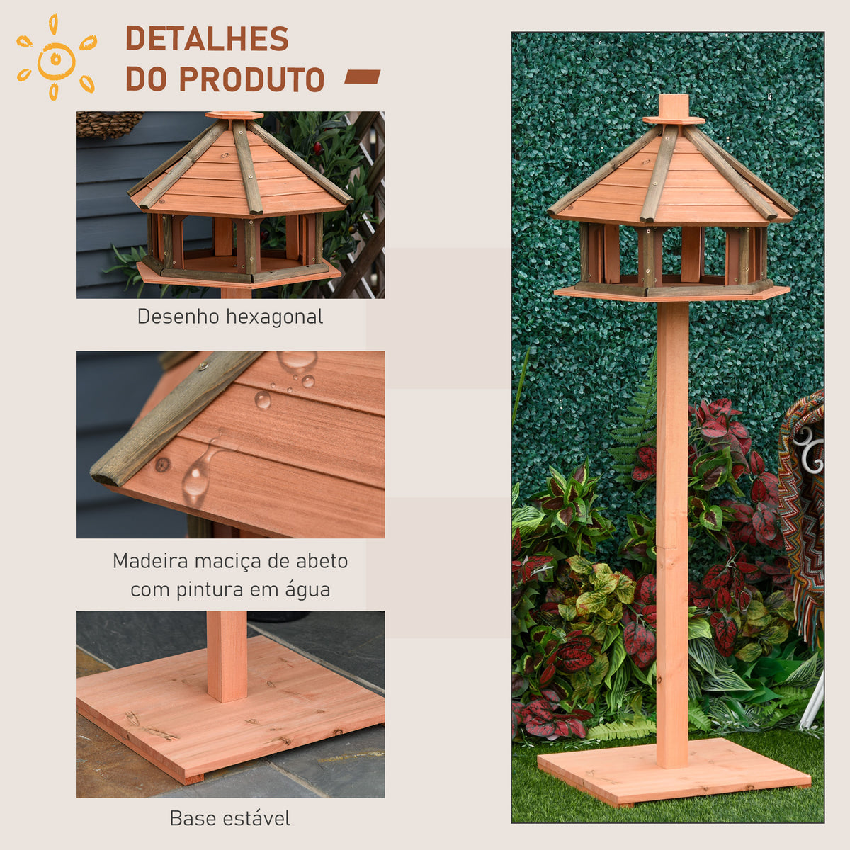 Casa para Pássaros de Pé de Madeira Maciça Ø52x130cm com Teto Comedouro para Aves Silvestres para Exterior Jardim Natural — foto 6