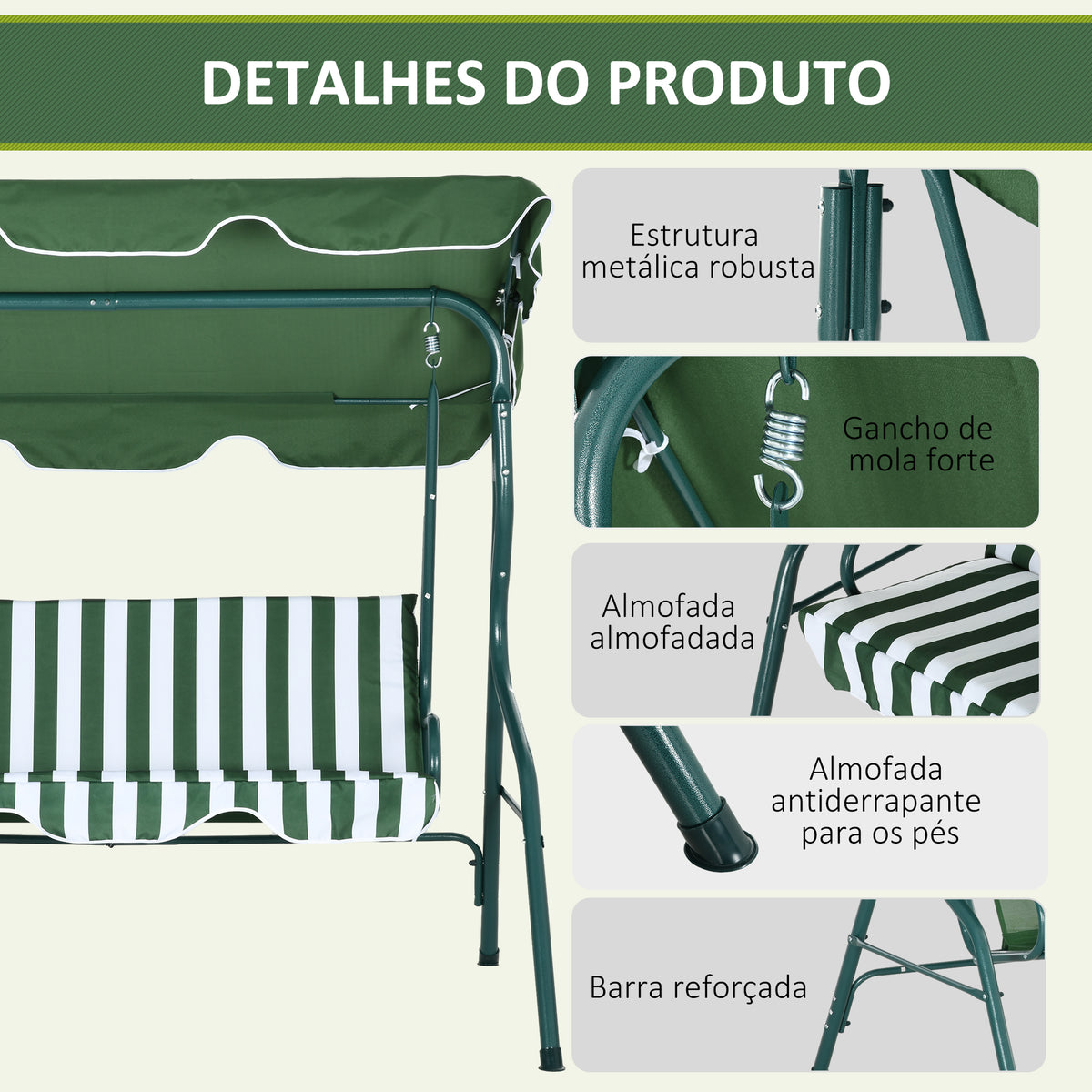 Baloiço de Jardim para 2-3 Pessoas, Baloiço de Exterior com Toldo Ajustável, Impermeável e Estrutura de Aço, para Jardim, Varanda, 170x110x153 cm, Verde — foto 5