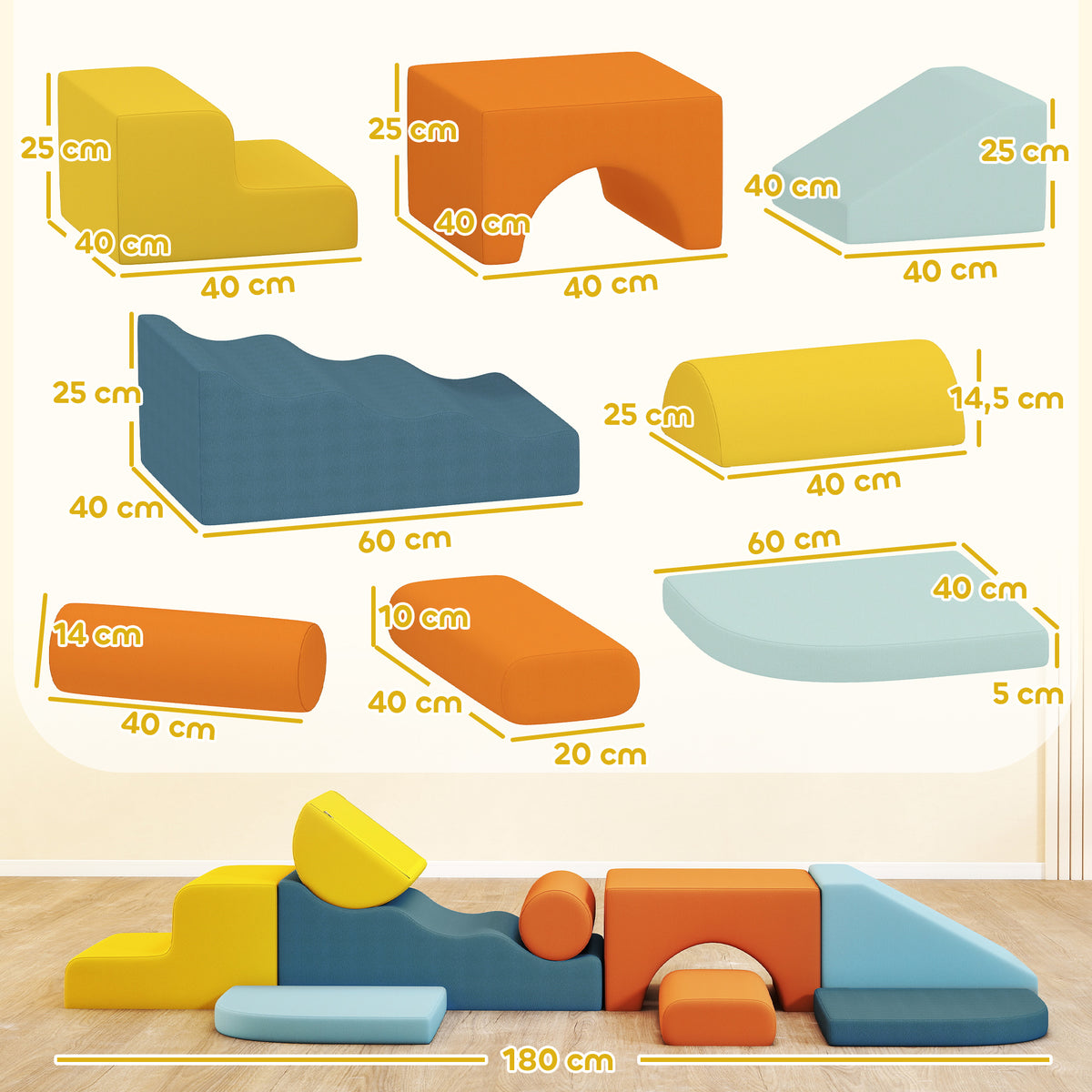 Conjunto de 9 Blocos de Espuma para Crianças Blocos de Psicomotricidade com Capas de Veludo Laváveis Conjunto de Escalada para Interior para Escalar e Rastejar Multicor — foto 3