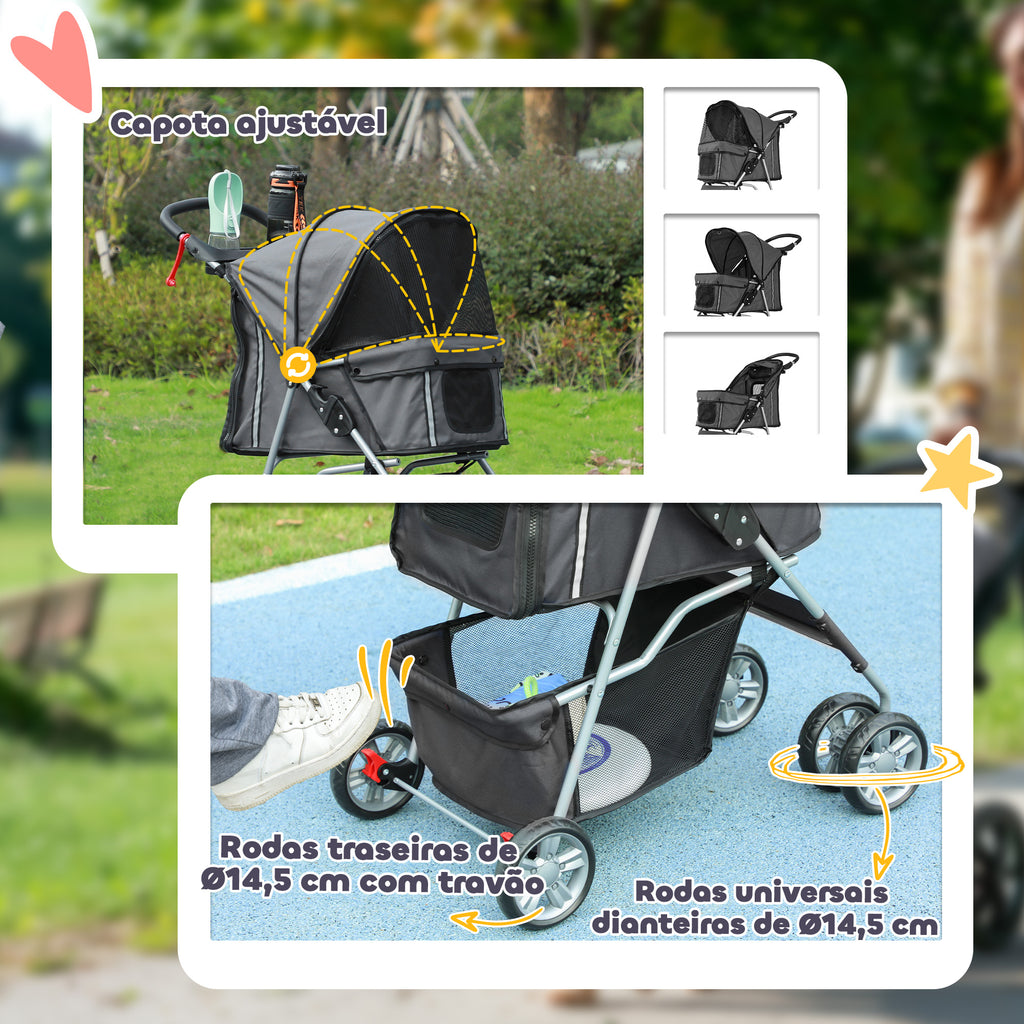 Carrinho para Cães Plegável, Coche para Cães Pequenos com Cesto de Armazenamento, Janelas de Rede, Suportes para Copos, Rodas EVA, Almofada Lavável, Travões, Carga 10 kg, 75x45x97 cm, Cinzento Escuro — foto 6