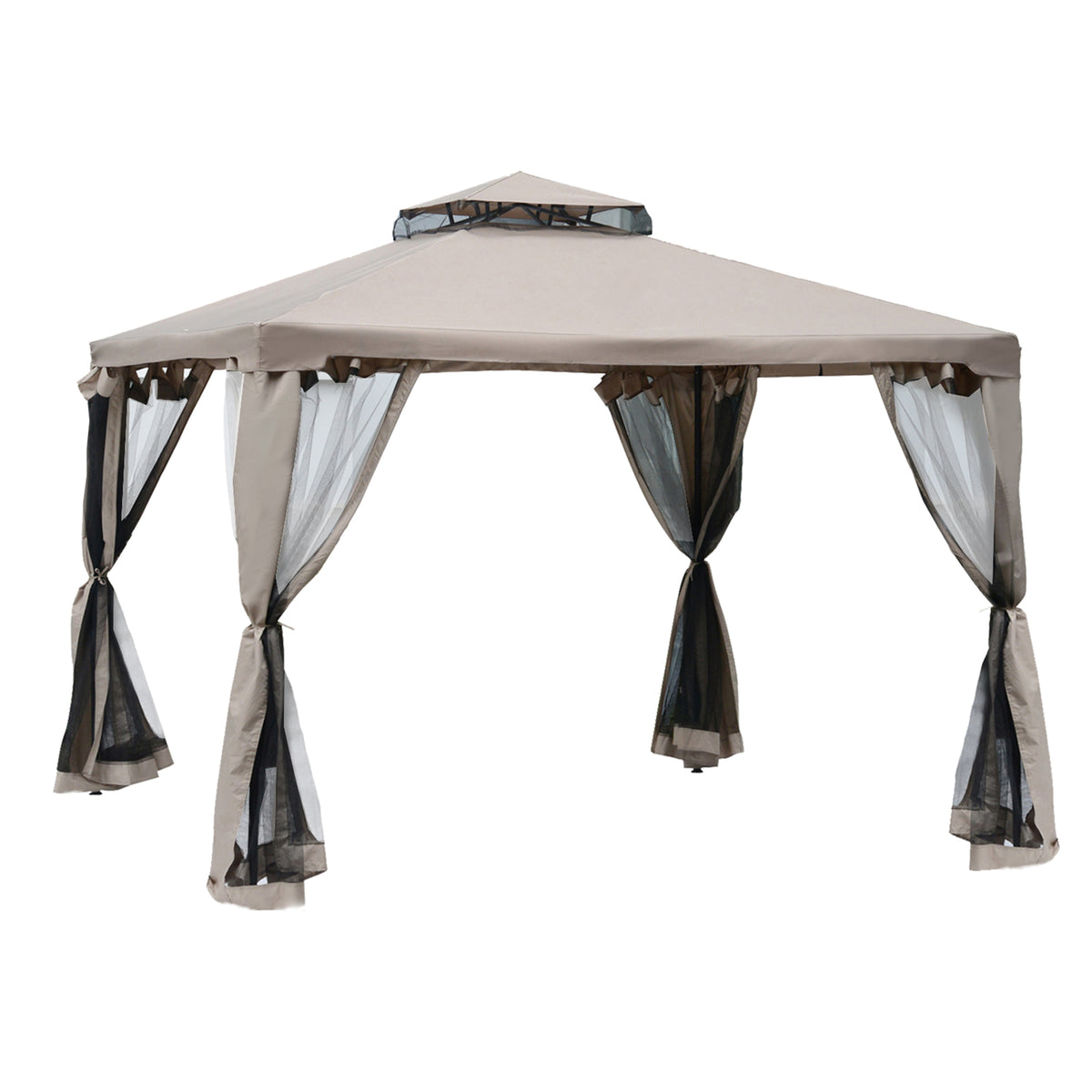 Pérgola de Jardim 3x3m Pérgola de Exterior com Duplo Teto de Ventilação 8 Orifícios de Drenagem e 4 Telas Mosquiteiras com Fecho de Correr para Festas Pátio Marrom Cáqui — foto 1