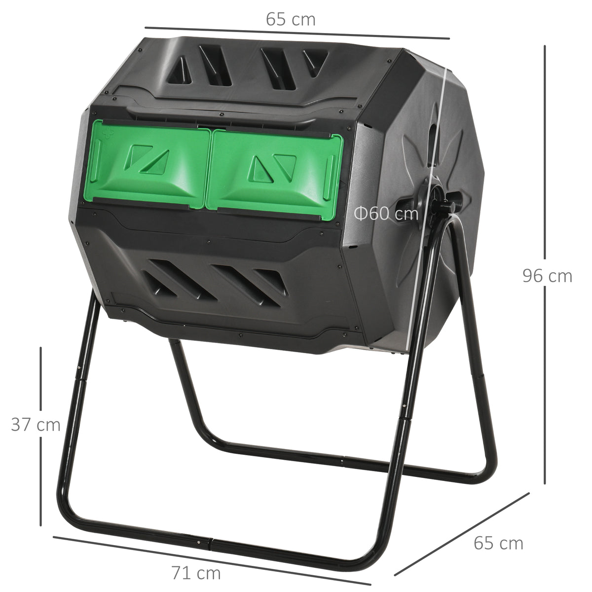 Compostor de Tambor Giratório com Capacidade 160L de Dupla Câmera e Ventilação Estrutura de Aço para Resíduos Orgânicos de Jardim 71x64x92cm Preto e Verde — foto 3