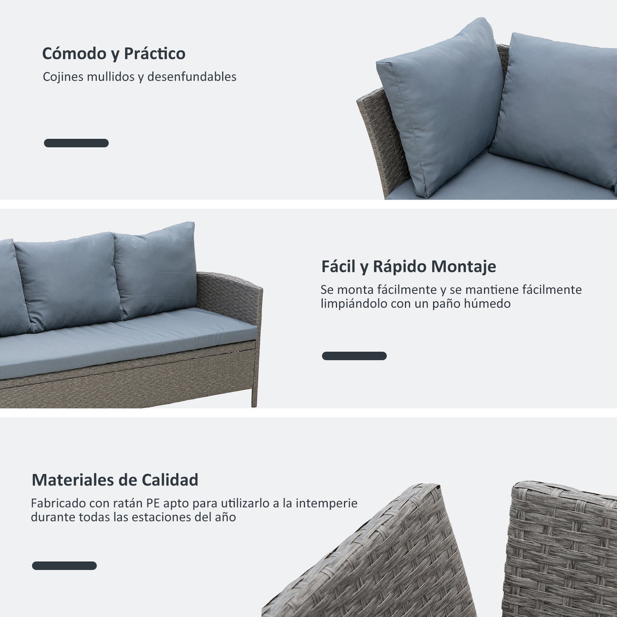 Conjunto de 4 Peças de Móveis e Vime com Almofadas Acolchoadas para Jardim Balcão Conjunto de Móveis de Exterior com 2 Sofás 1 Banco e 1 Mesa de Vidro Temperado Cinza — foto 6