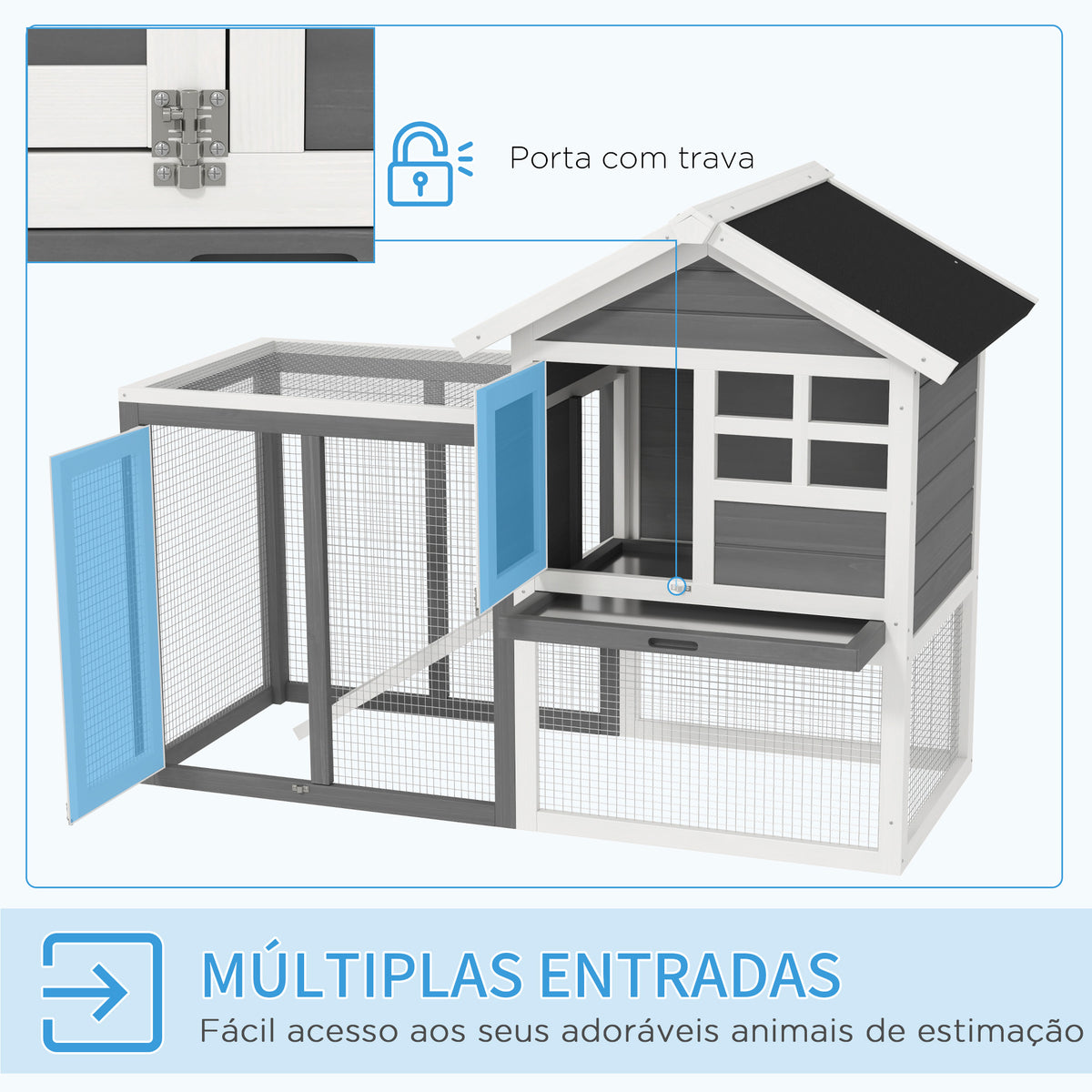 Coelheira de Madeira Exterior de 2 Níveis Gaiola para Coelhos Animais Pequenos com Zona Aberta Teto Asfáltico Bandeja Removível e Rampa 122x62,6x92 cm Cinzento — foto 5