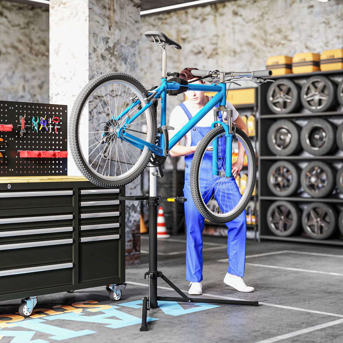 Suporte para Reparação de Bicicleta Suporte para Bicicleta Dobrável com Bandeja Magnética Altura Ajustável 107-160 cm e Giratório 360º Carga 40 kg Preto — foto 2