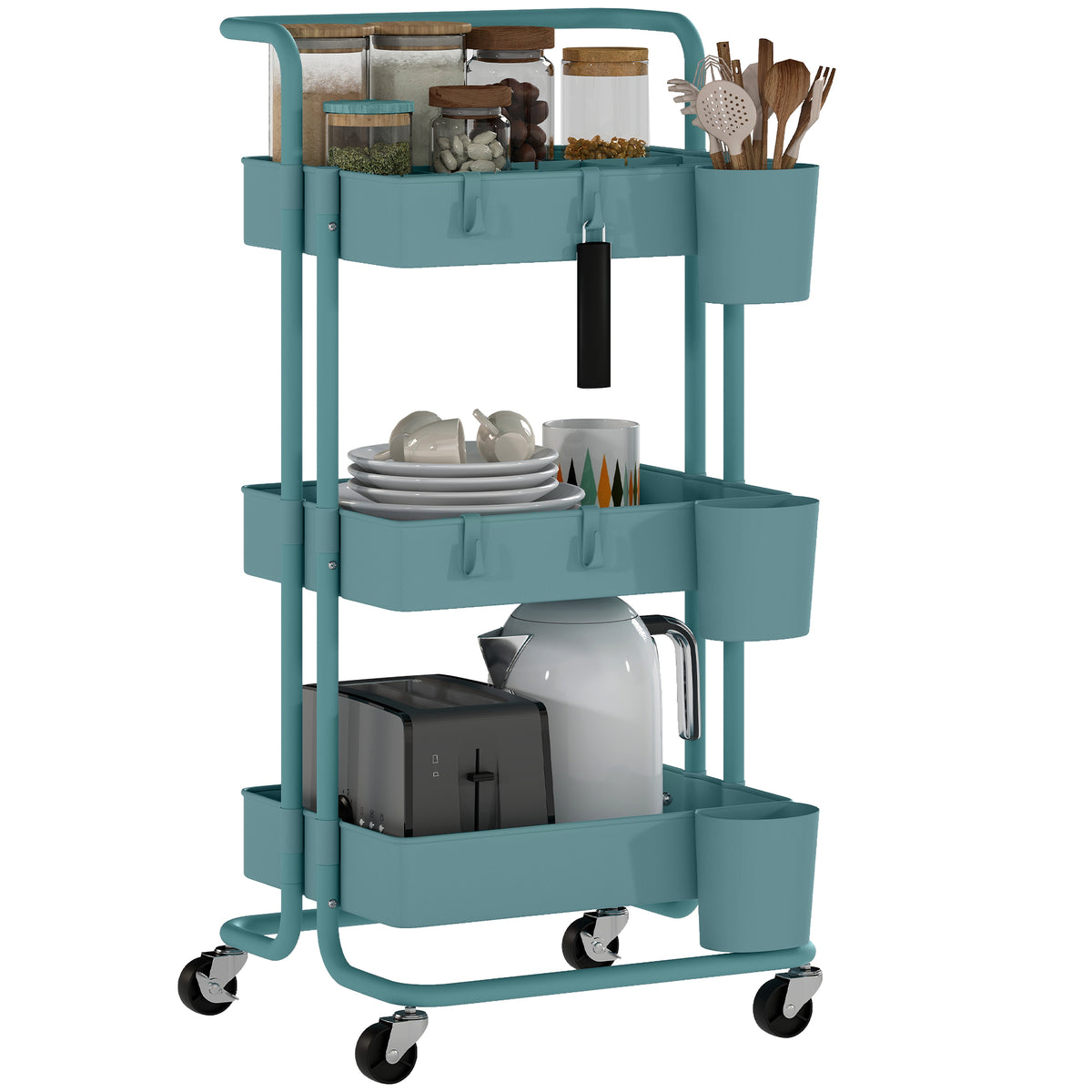 Carrinho de Cozinha de Aço Carrinho de Armazenamento com 4 Ganchos 3 Cestas Removíveis 3 Caixas Suspensas e Travões para Casa de Banho Sala de Estar Dormitório 42x38x86,5cm Preto - Modelo 1 — foto 1