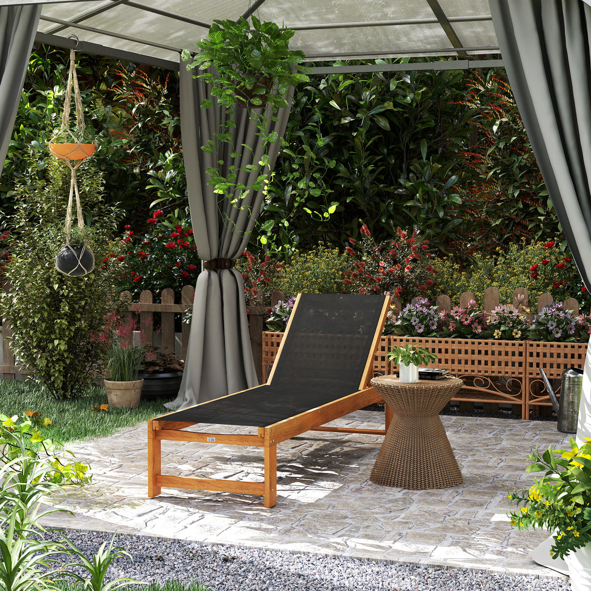 Espreguiçadeira de Madeira de Acácia Espreguiçadeira de Jardim com Rodas Encosto Ajustável em 4 Níveis Carga 160 kg Espreguiçadeira para Pátio Varanda 186x60x33 cm Teca e Preto — foto 2