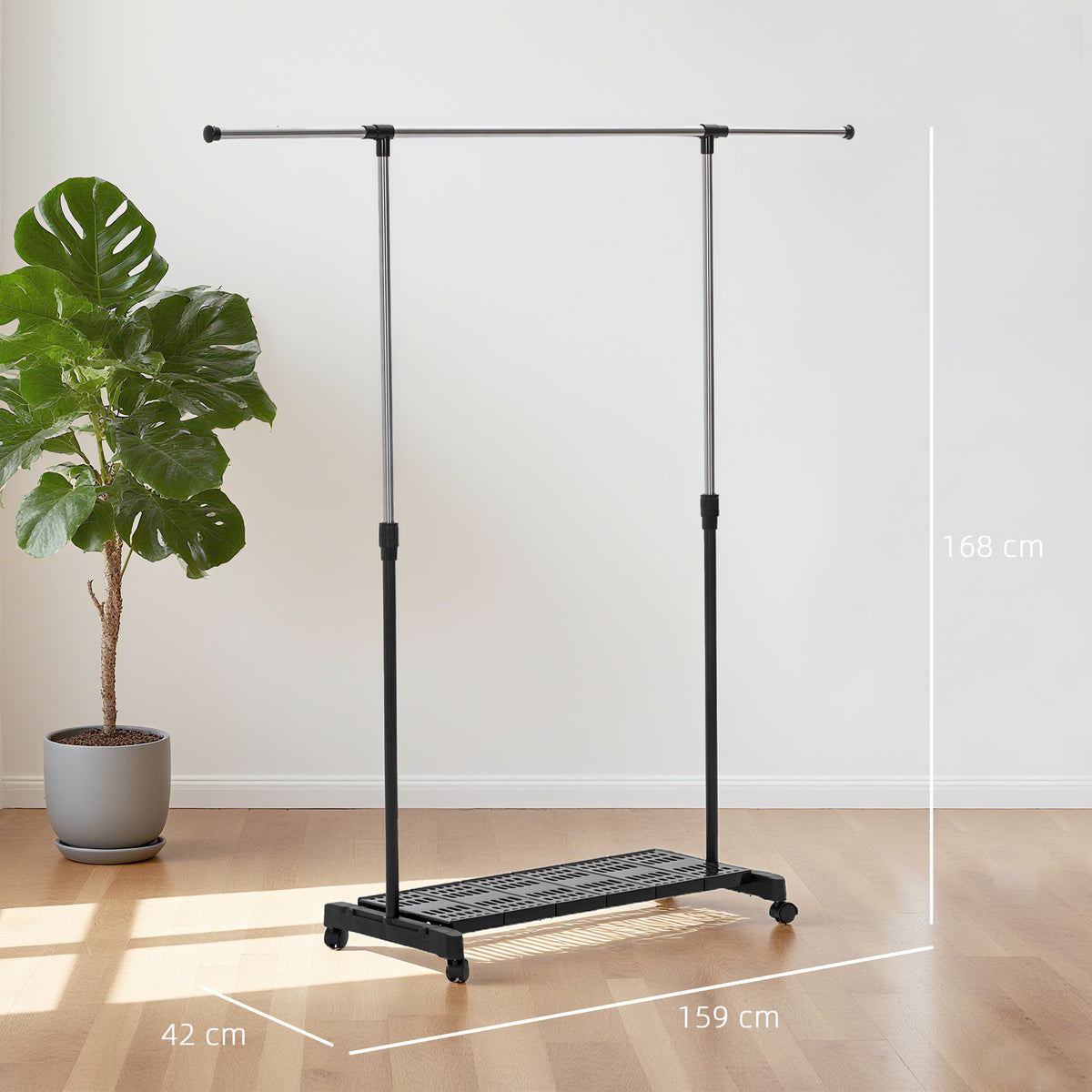 Charriot Extensível com Rodas Charriot de Roupa com Barra de Aço Inoxidável e Prateleira para Sapatos Altura Ajustável para Interior 94-159x42x93-168 cm Preto — foto 3