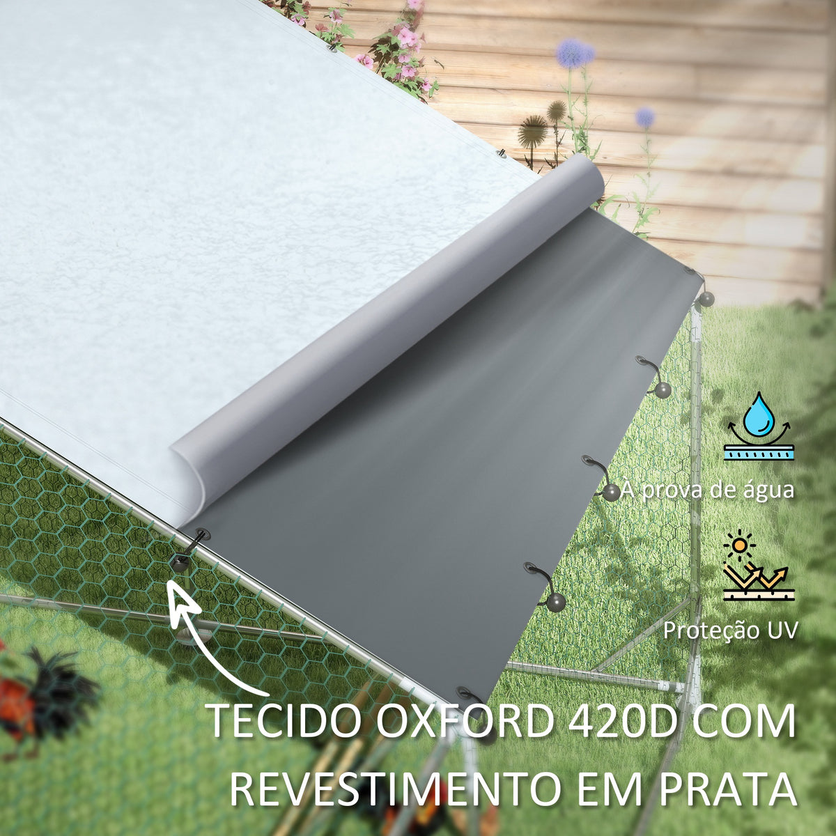 Galinheiro para Exterior 3x6 m Galinheiro de Aço Galvanizado com Comedouro Suspenso Tipo Espeto Poleiro Cobertura Anti-UV e Impermeável para Coelhos Patos Gansos Prata — foto 5