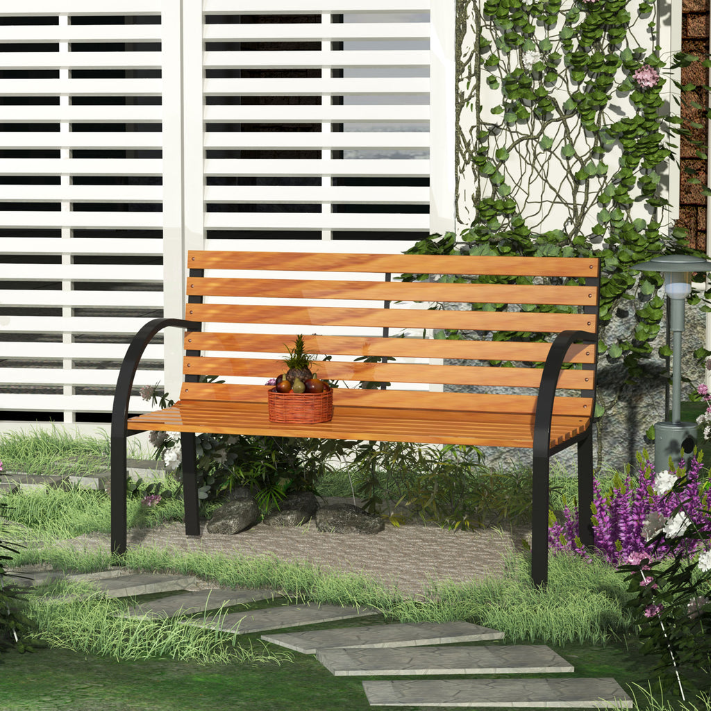 Banco de jardim 2 lugares com encosto e apoios de braços Ripas de madeira e estrutura de aço Carga 230 kg 122x60x80 cm Cor natural e preto — foto 2