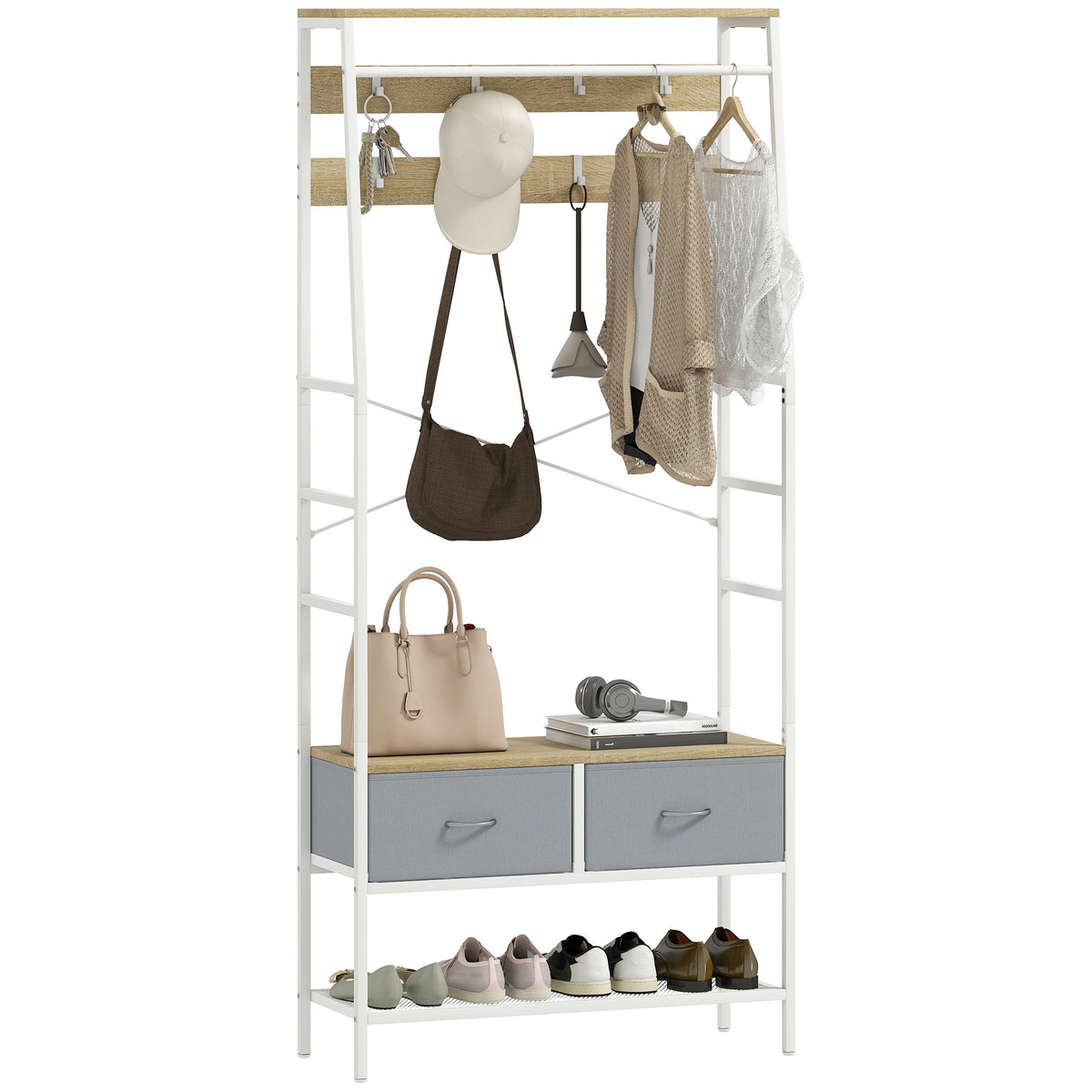 Móvel Cabide de Entrada com Banco Sapateira 8 Ganchos 2 Gavetas de Tecido Barra Prateleira de Rede Estilo Industrial para Corredor Quarto Sala de Estar 80x30x180,5 cm Branco e Madeira — foto 1