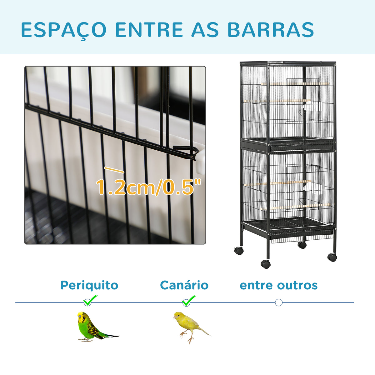 Gaiola para Pássaros com Rodas Gaiola Grande de 2 Níveis com Bandejas Removíveis Portas Comedouros Poleiros para Canários Periquitos 51,5x50x140 cm Preto — foto 7
