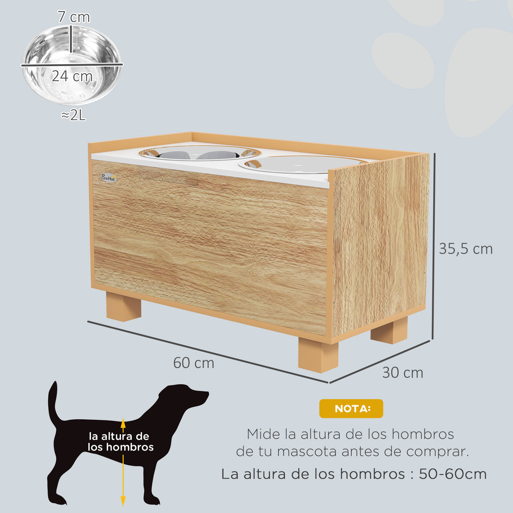 Comedouro para Cães Elevado com Sistema de Alimentação Lento Amovível e Espaço de Arrumação Comedouro com 2 Tigelas de 2L de Aço Inoxidável para Cães Grandes 60x30x35,5 cm Madeira — foto 3