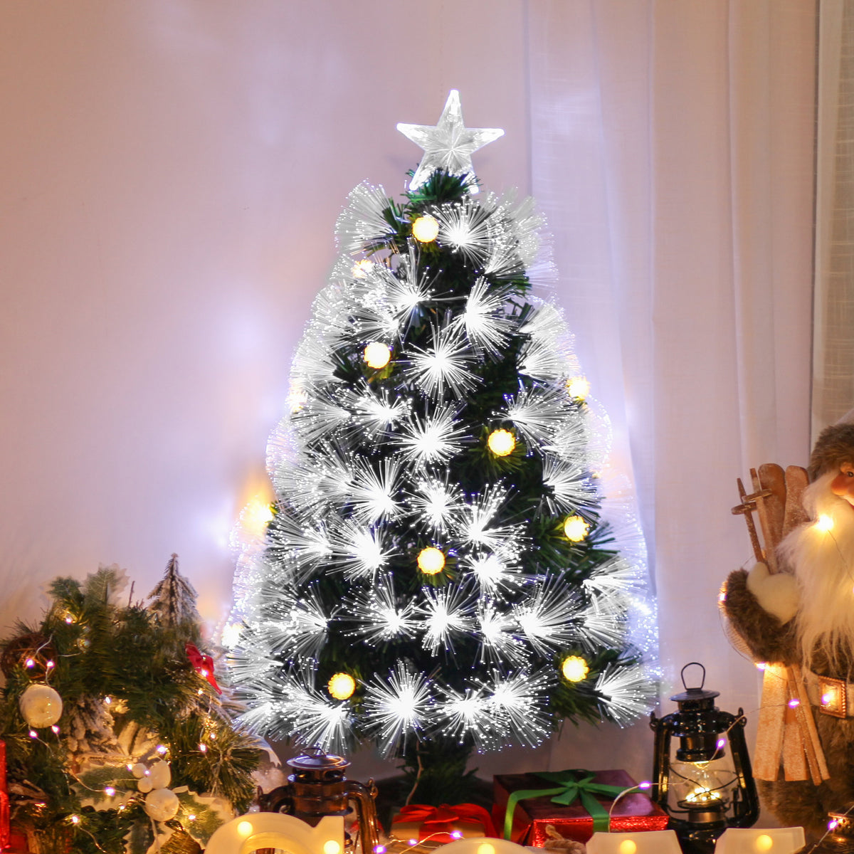 Árvore de Natal 90 cm Árvore de Natal com Fibra Óptica Árvore de Natal Artificial com 90 Luzes LED e 90 Ramos para Interior Verde e Branco — foto 2