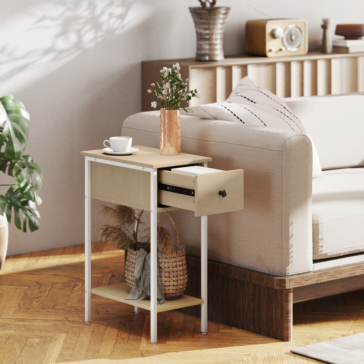 Mesa Auxiliar Estreita Mesa Auxiliar Industrial com Gaveta Prateleira Aberta e Estrutura Metálica para Sala de Estar Dormitório 25x39,8x58,2 cm Madeira — foto 2