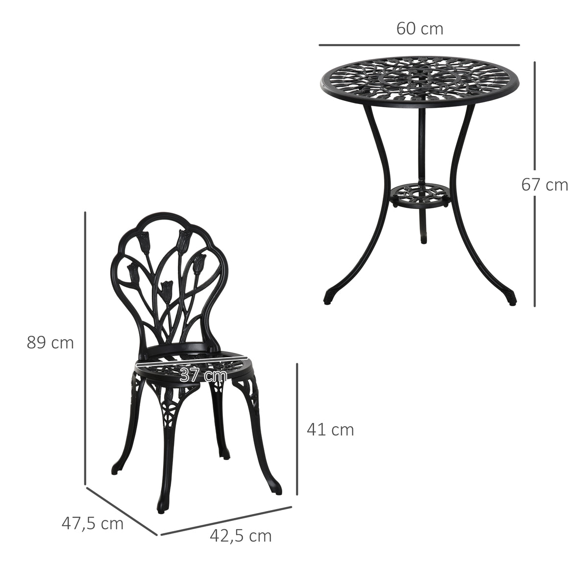 Conjunto de Mesa e Cadeiras de Exterior de 3 Peças Móveis de Jardim de Alumínio com Encosto com Padrão de Tulipa e Mesa com Orifício para Chapéu de Sol Preto — foto 3