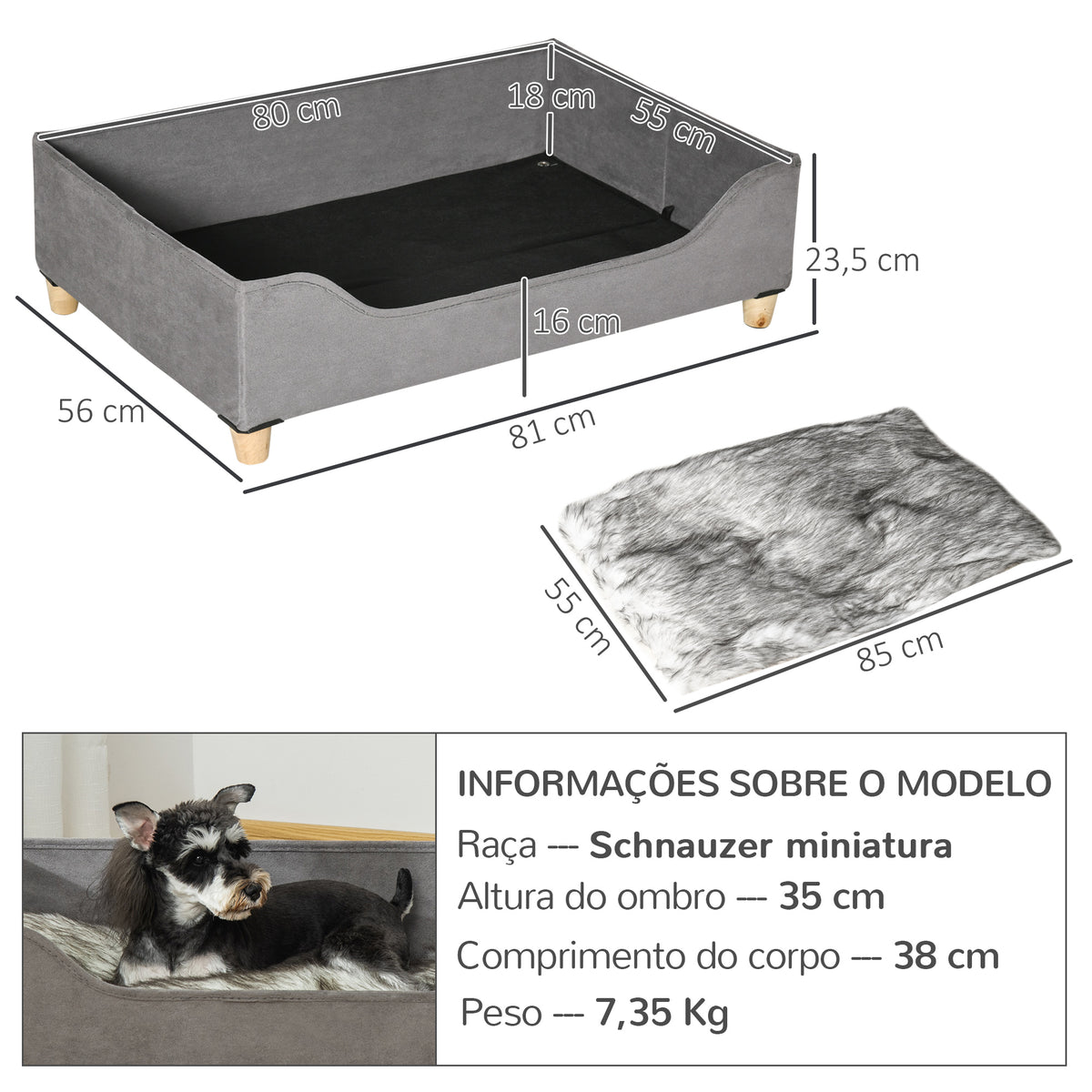 Sofá para Cães Gatos Cama para Animais de Estimação Pequenos e Médios com Almofada Removível Lavável e Pés Elevados de Madeira 81x56x23,5cm Cinza — foto 3