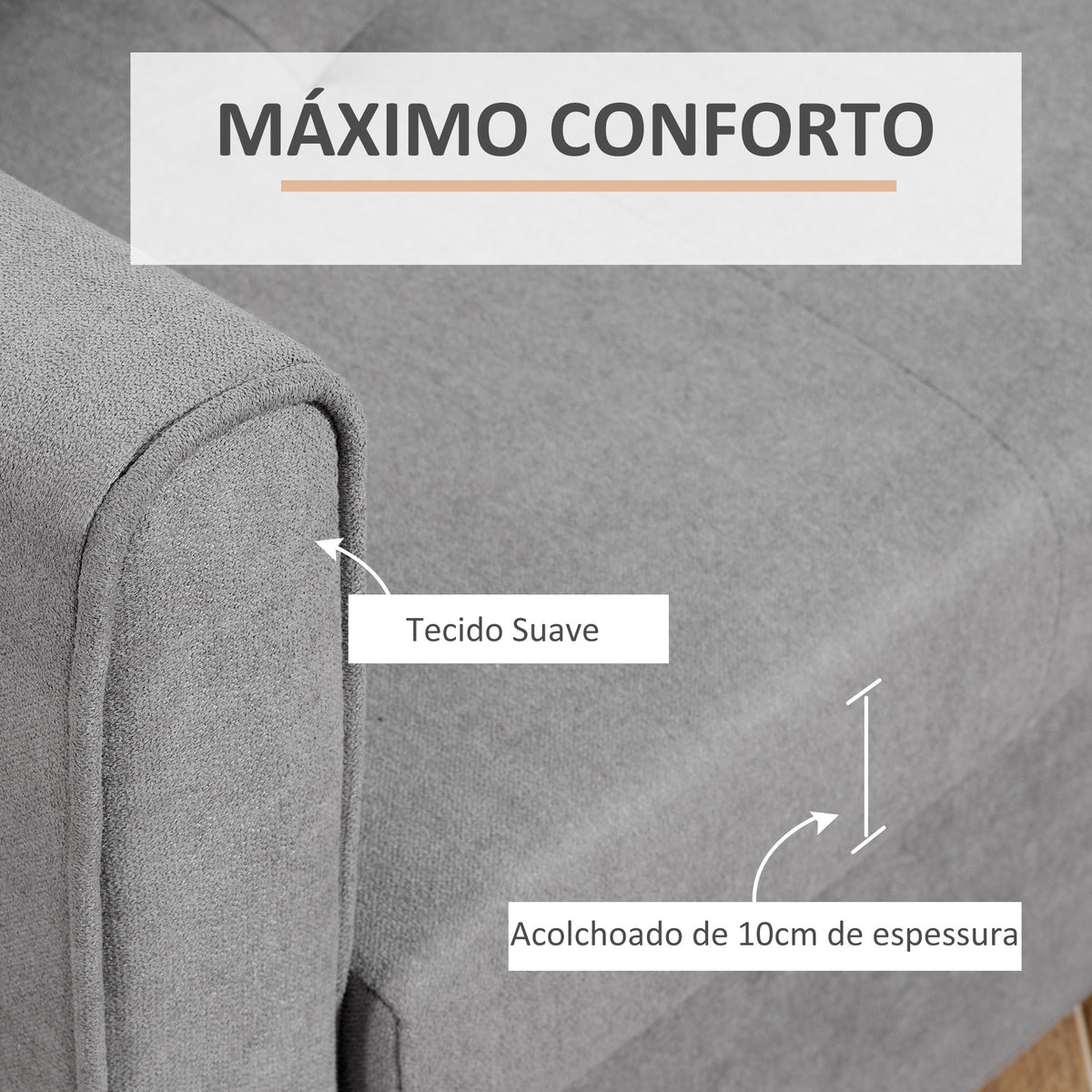 Sofá Cama de 2 Lugares Estofado em Algodão com 2 Almofadas Apoio para os Braços e Armazenamento Sofá Duplo Moderno para Sala de Estar Escritório 152x101x81cm Cinza — foto 6