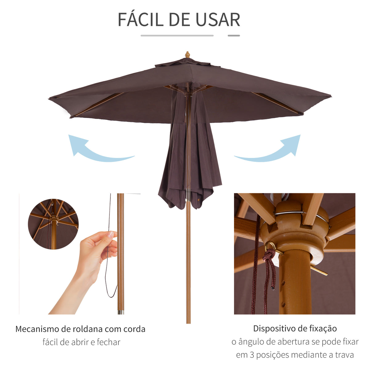 Chapéu de Sol Ø250x230cm Chapéu de Sol com Mastro de Madeira com 6 Hastes Sistema de Polia com Fixação para Jardim Pátio Terraço Marrom — foto 5