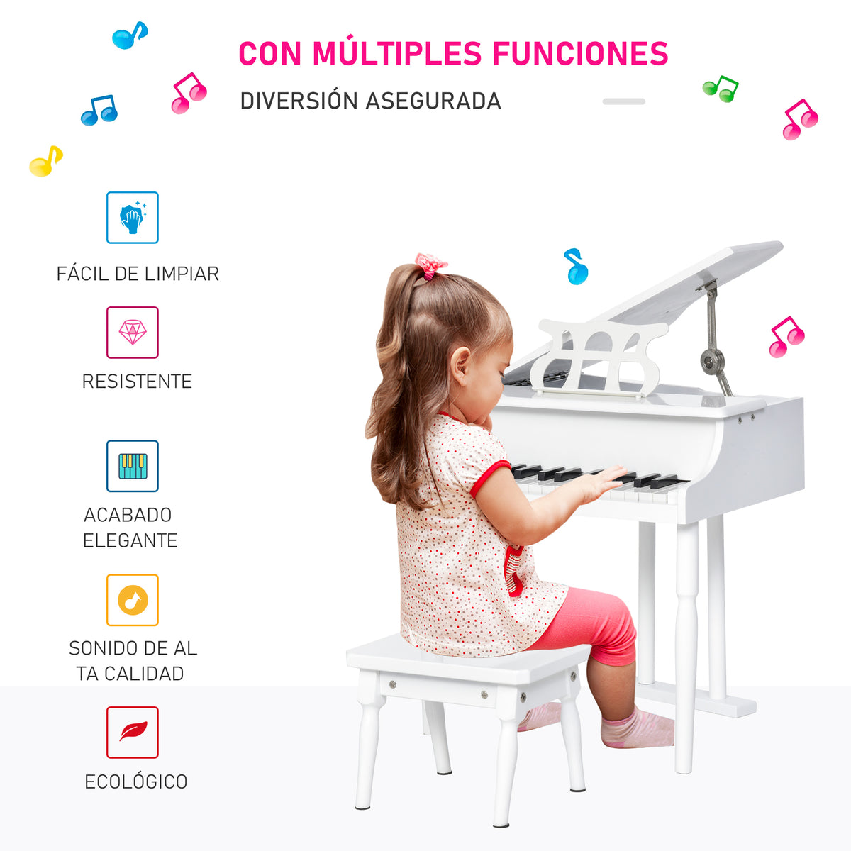 Piano de Cauda Infantil com 30 Teclas Banco Suporte de Partituras Piano para Crianças de MDF Instrumento Musical Educativo 52x50x49cm Branco — foto 5