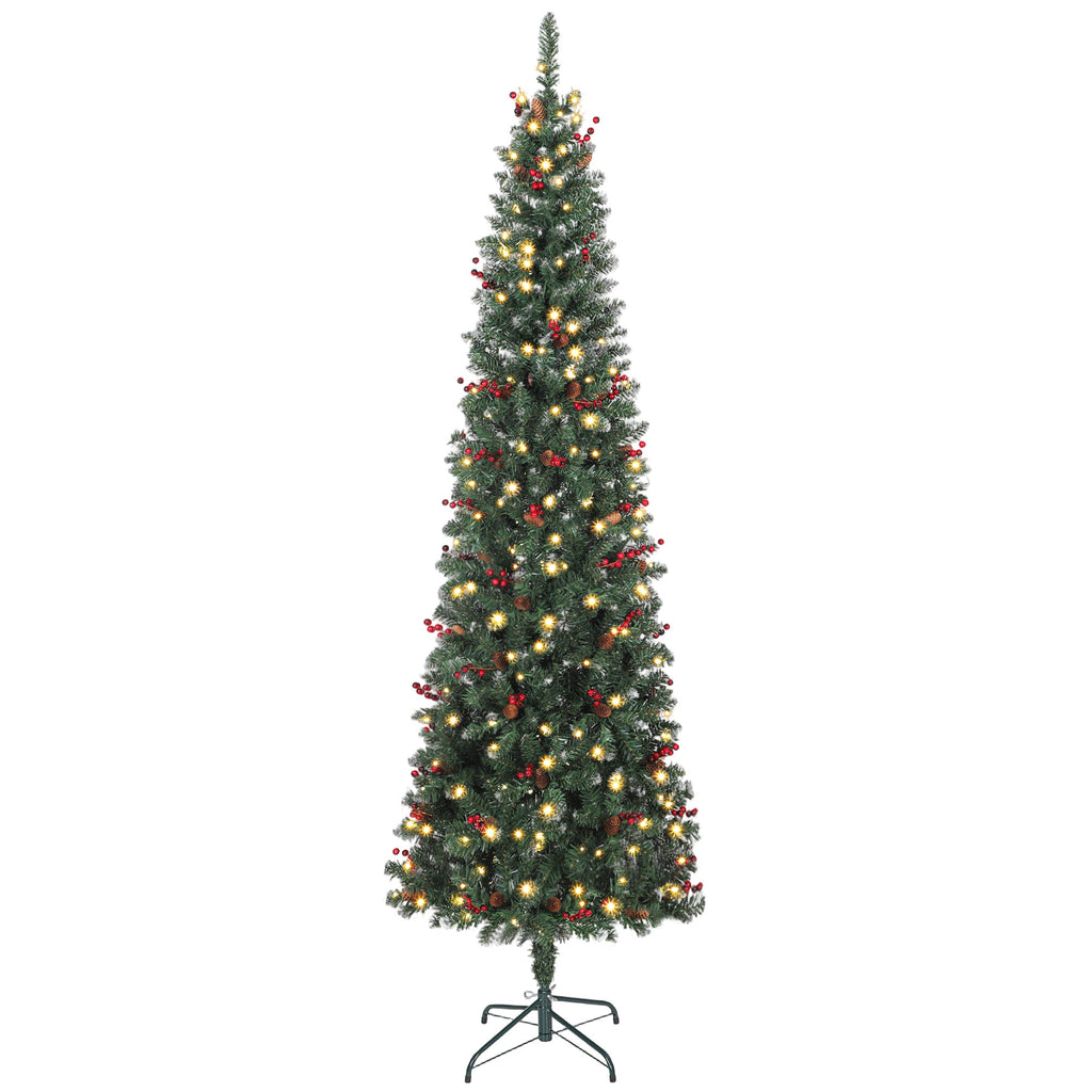 Árvore de Natal Slim 230 cm Árvore de Natal Artificial com Luzes LED Branco Quente 8 Modos de Iluminação 761 Ramos com Purpurina Prateada Pinhas Bagas e Suporte Metálico Verde — foto 1