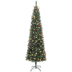 Árvore de Natal Slim 230 cm Árvore de Natal Artificial com Luzes LED Branco Quente 8 Modos de Iluminação 761 Ramos com Purpurina Prateada Pinhas Bagas e Suporte Metálico Verde — foto 1