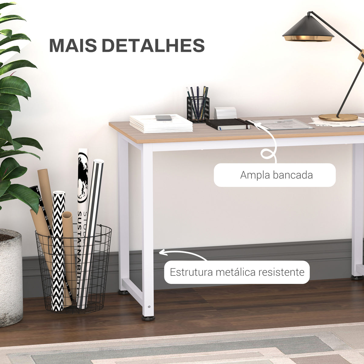 Secretária Moderna Mesa de Estudo com Estrutura de Aço e Pés Ajustáveis Mesa de Computador para Escritório Casa 120x60x76 cm Branco e Madeira — foto 5
