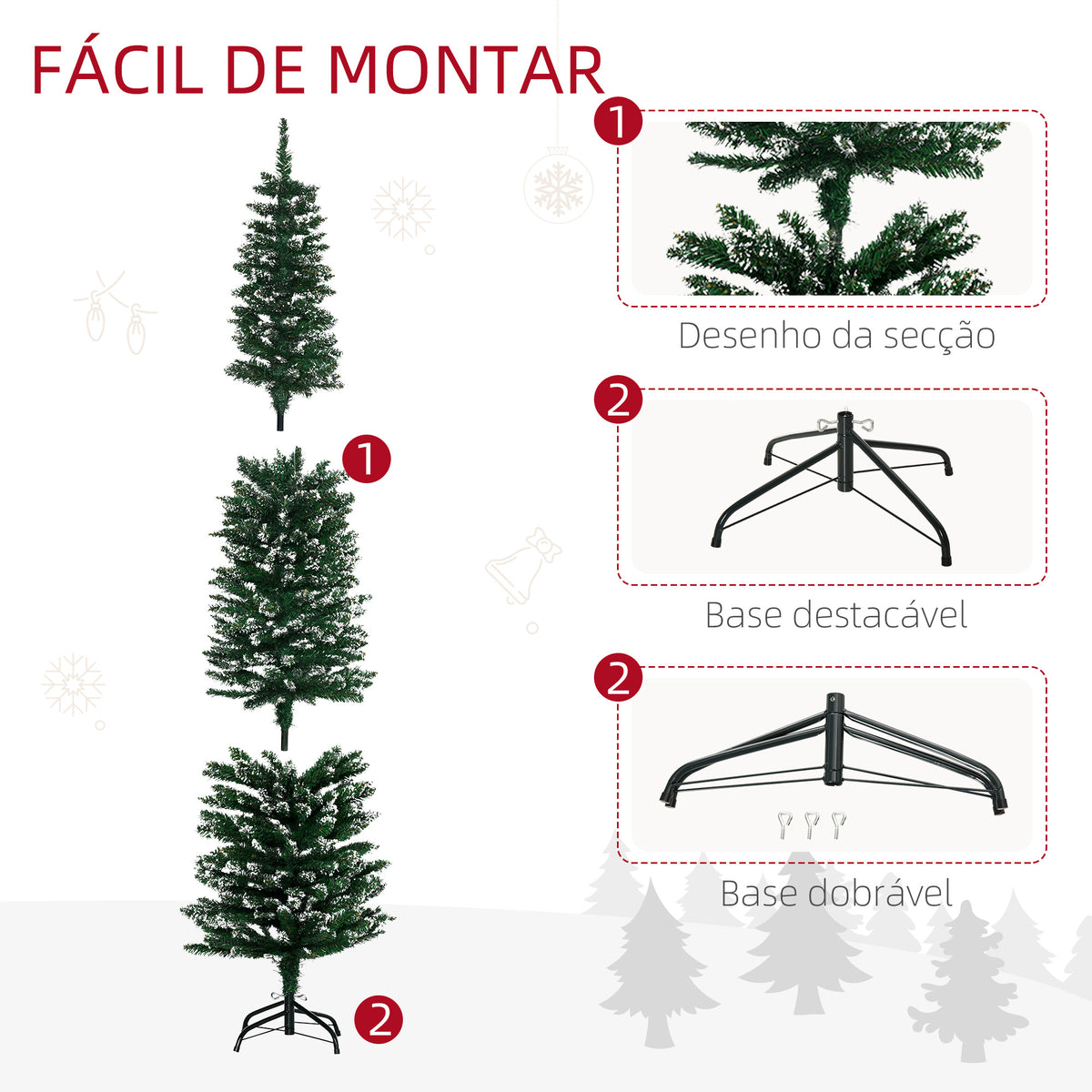 Árvore de Natal Artificial Altura 190 cm com 570 Ramos de PVC Ignífugos Base Dobrável e Suporte Metálico Decoração de Natal para Interiores Ø53x190 cm Verde — foto 6