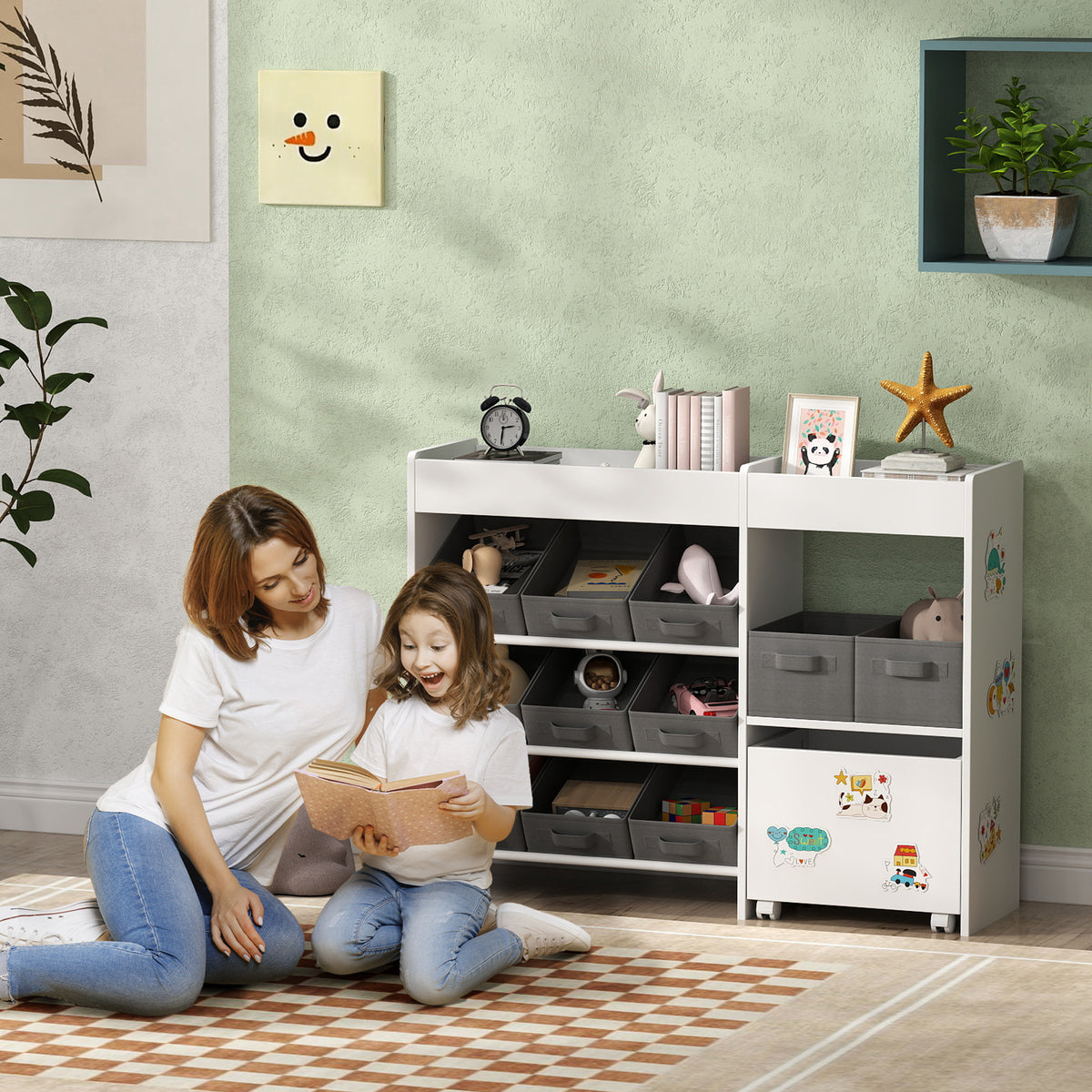 Organizador de Brinquedos para Crianças Organizador Infantil com 11 Cestas Amovíveis Compartimentos e Autocolantes para Escola Infantil Sala de Jogos 105x30x80 cm Branco e Cinza — foto 2